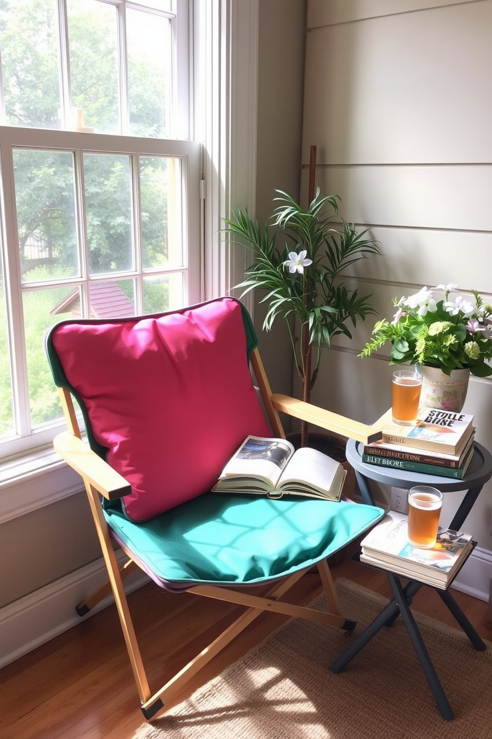 A cozy summer reading nook features a foldable chair positioned near a large window. Soft, natural light fills the space, creating an inviting atmosphere for enjoying books. The chair is adorned with a plush cushion in a vibrant color that complements the surrounding decor. A small side table next to the chair holds a stack of favorite novels and a refreshing beverage.