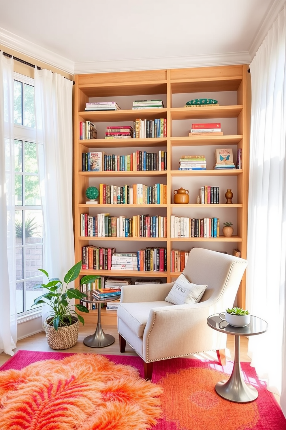 Breezy open shelving made of light wood stretches across the wall, filled with an assortment of colorful books and decorative items. A cozy armchair in a soft fabric is positioned nearby, inviting relaxation with a small side table for drinks. Summer Reading Nook features large windows that allow natural light to flood the space, adorned with sheer white curtains that flutter gently. A plush area rug in bright hues anchors the nook, while a small potted plant adds a touch of greenery to the cheerful atmosphere.