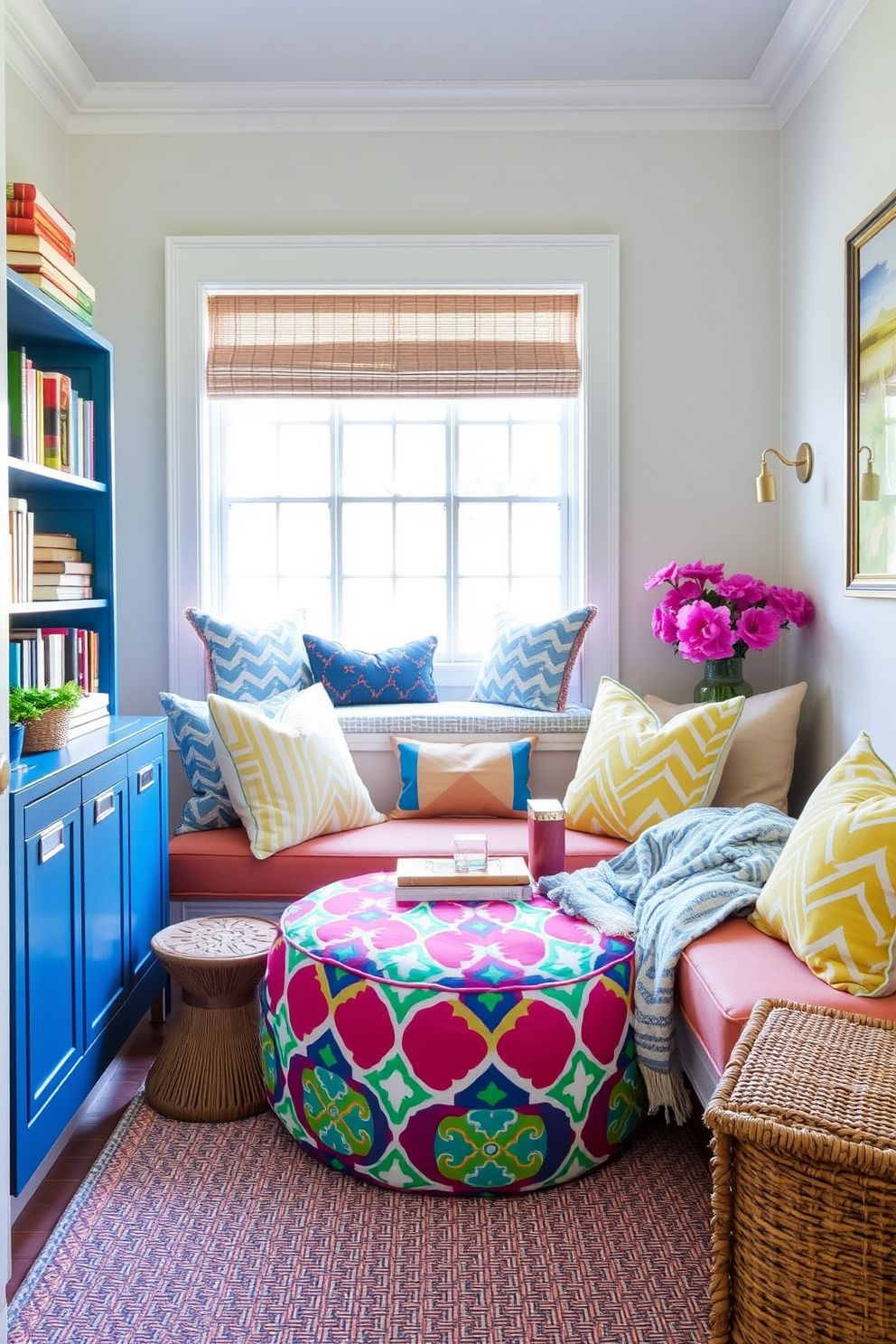 A vibrant pouf in a bold pattern adds a playful touch to the seating area. Surround it with soft cushions and a cozy throw blanket to create an inviting atmosphere. Incorporate a small side table beside the pouf for easy access to drinks and snacks. Enhance the nook with a nearby bookshelf filled with your favorite summer reads and a window seat to enjoy natural light.