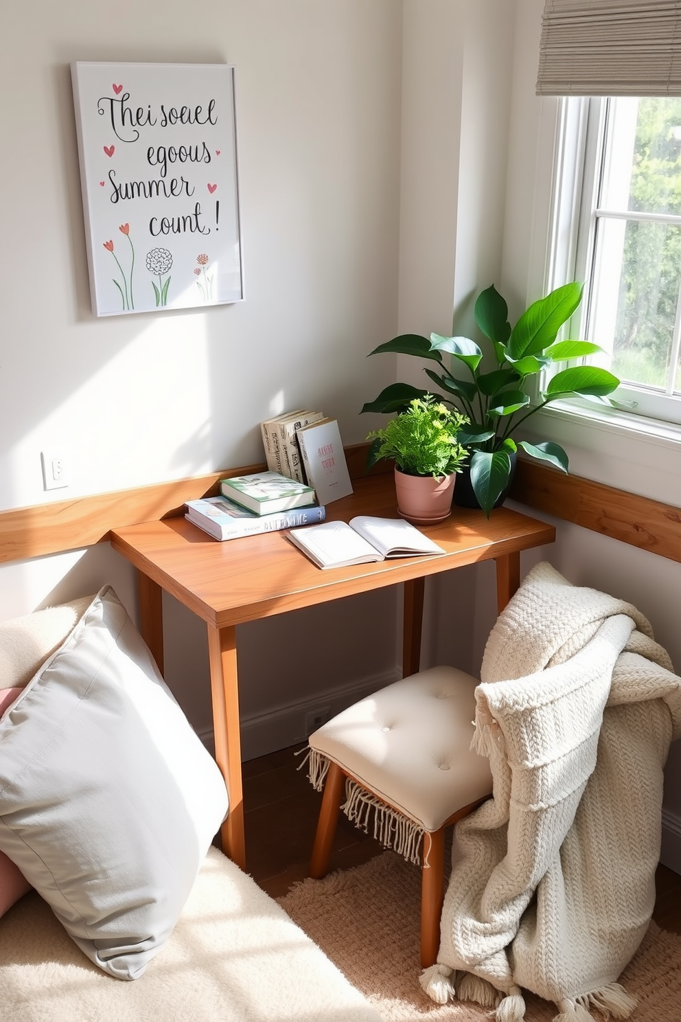 A cozy summer reading nook features a small wooden desk positioned near a window, allowing natural light to flood the space. The desk is adorned with a few neatly stacked books, a stylish notepad, and a vibrant potted plant that adds a touch of greenery. Surrounding the nook, soft cushions and a plush throw blanket create an inviting atmosphere for relaxation. The walls are painted in a light pastel hue, complemented by whimsical artwork that inspires creativity and calmness.