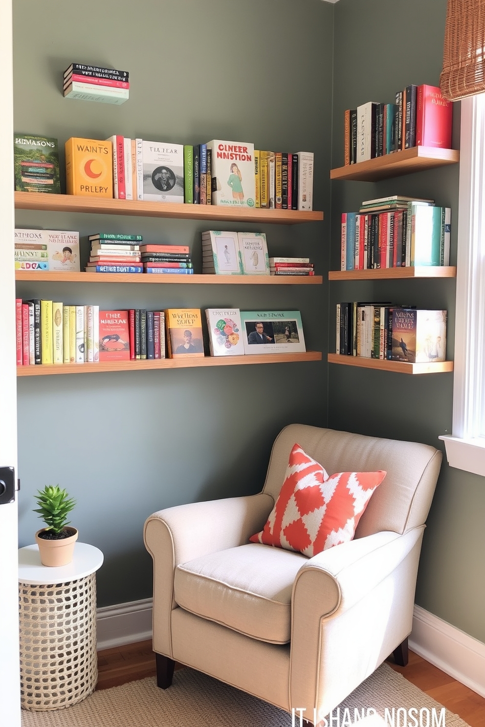 A cozy summer reading nook featuring floating shelves filled with colorful books. The nook is adorned with a plush armchair and a small side table, inviting relaxation and enjoyment of literature.