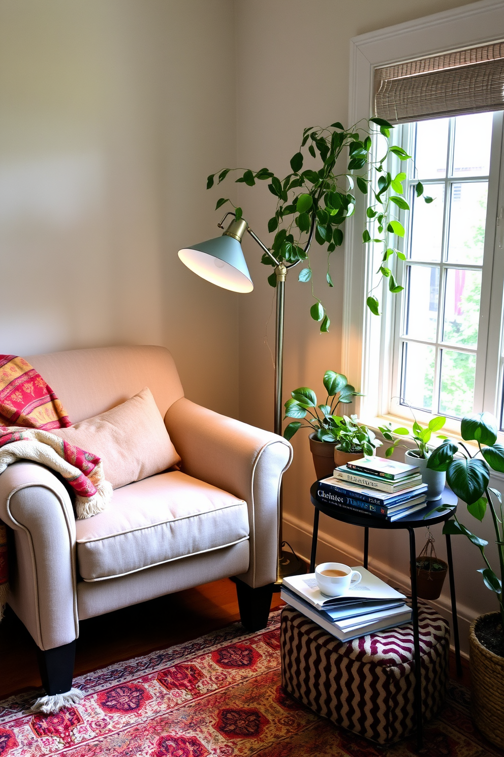 A cozy corner features a plush armchair upholstered in soft fabric with a colorful throw blanket draped over one side. A stylish floor lamp stands nearby, casting a warm glow over a small side table stacked with an assortment of books and a steaming cup of tea. The nook is adorned with potted plants that bring a touch of nature indoors, while a patterned rug adds texture underfoot. A nearby window invites natural light, enhancing the inviting atmosphere perfect for a summer reading escape.