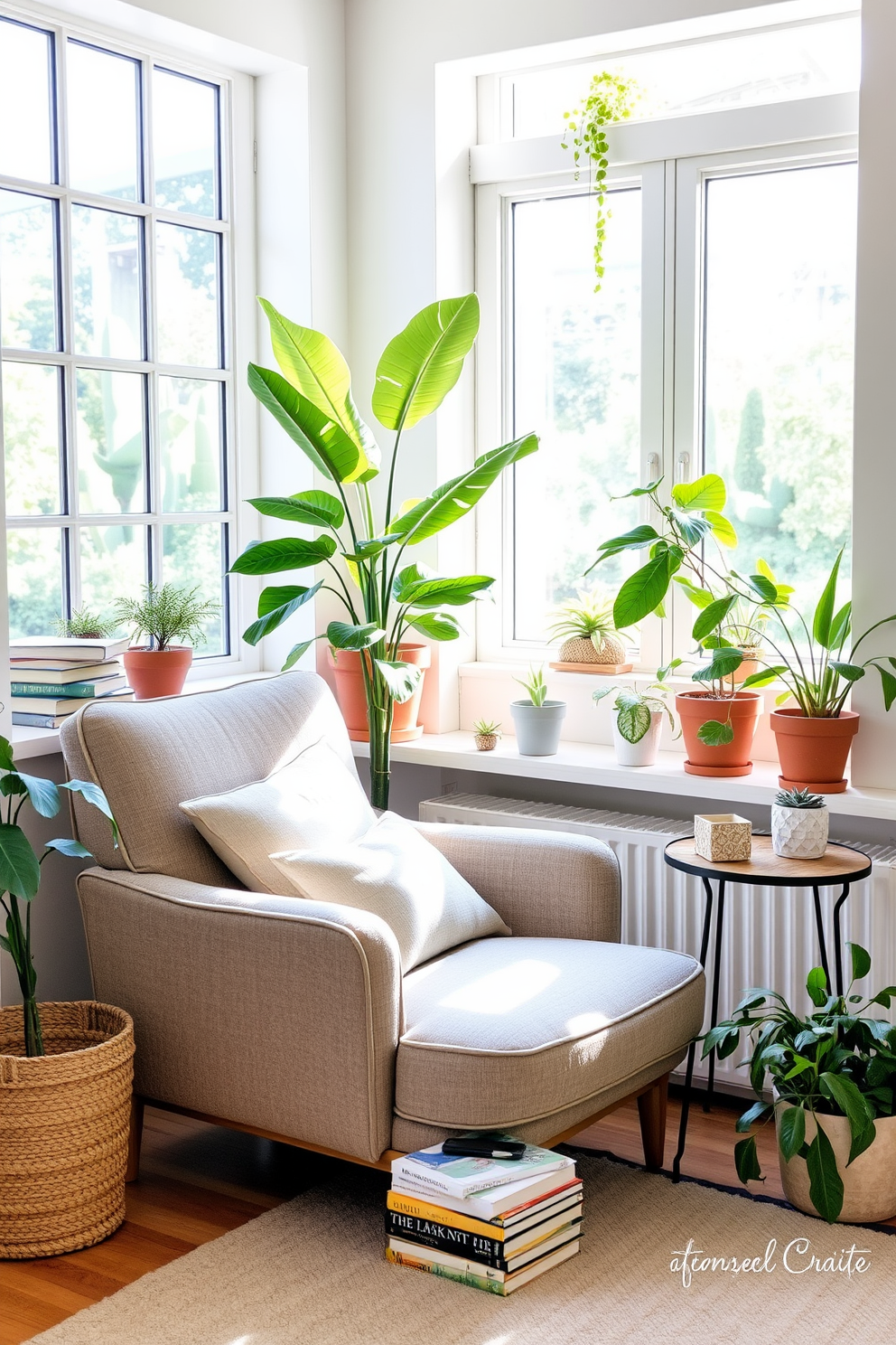 A cozy summer reading nook filled with natural light. A comfortable armchair upholstered in soft fabric is positioned next to a small side table stacked with books. Indoor plants are strategically placed throughout the space to create a fresh and vibrant atmosphere. A tall leafy plant stands in the corner while smaller potted plants adorn the windowsill, adding a touch of greenery.