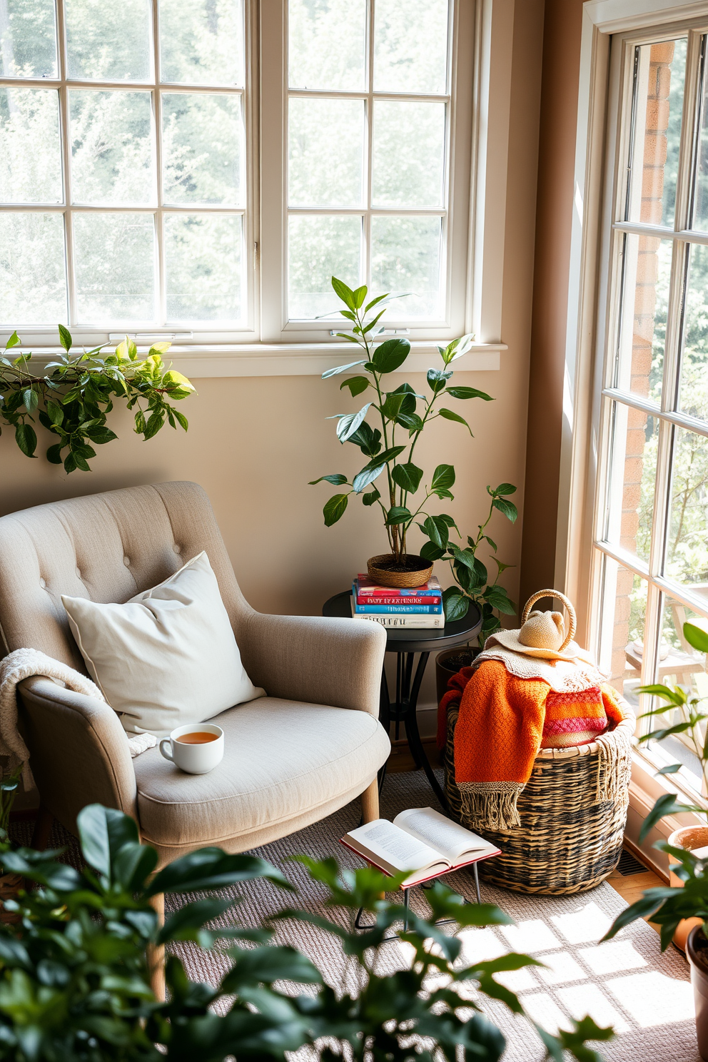 A cozy summer reading nook features a comfortable armchair upholstered in soft, breathable fabric positioned next to a large window that invites natural light. A woven basket filled with colorful blankets sits nearby, offering warmth and texture while enhancing the inviting atmosphere of the space. The nook is adorned with a small side table that holds a stack of favorite books and a steaming cup of tea. Surrounding the area are potted plants that add a touch of greenery and freshness, creating a serene retreat for leisurely reading.