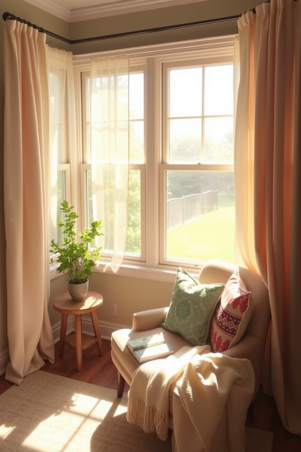 A cozy summer reading nook bathed in soft sunlight. The space features lightweight curtains that gently filter the light, creating a warm and inviting atmosphere. A plush armchair is positioned near a large window, accompanied by a small side table for holding books and beverages. The nook is adorned with colorful throw pillows and a soft blanket for added comfort and style.