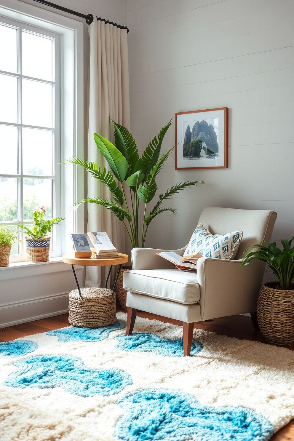 A cozy summer reading nook features a plush rug with beachy colors underfoot, creating a vibrant and inviting atmosphere. A comfortable armchair is positioned next to a large window, allowing natural light to flood the space and enhance the relaxed vibe.