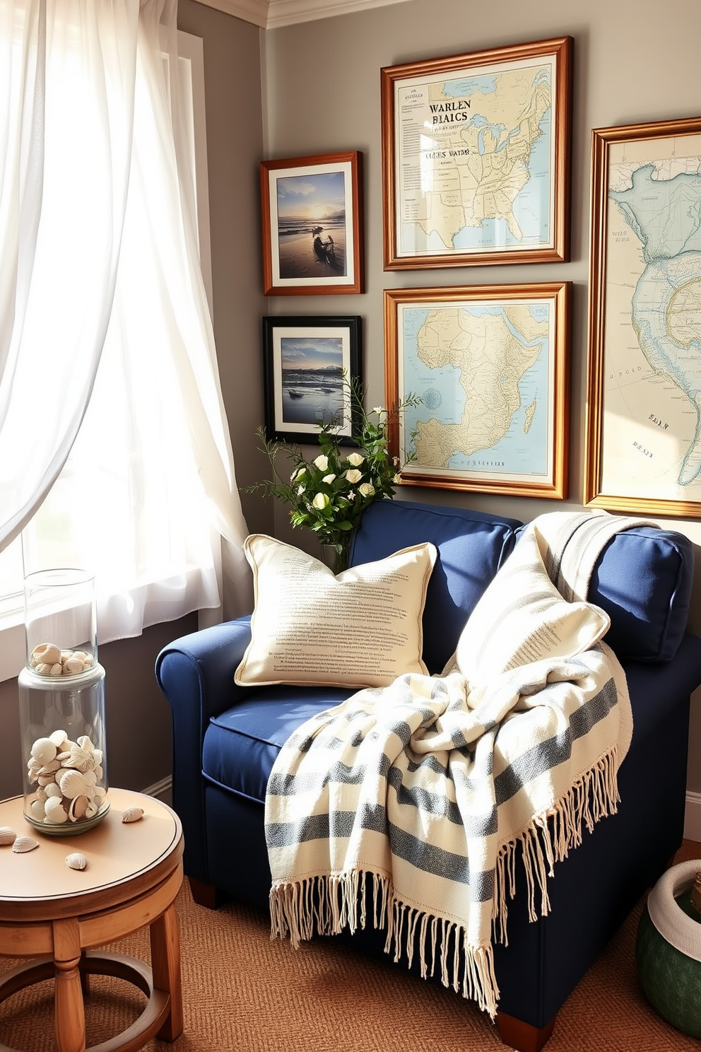 A cozy summer reading nook features a comfortable oversized armchair upholstered in navy blue fabric. Nautical-themed decor accents include a weathered wooden side table, a collection of seashells in a glass jar, and a soft throw blanket with a striped pattern draped over the chair. The walls are adorned with framed prints of coastal landscapes and vintage nautical maps. A large window allows natural light to flood the space, while sheer white curtains billow gently in the breeze, creating an inviting atmosphere perfect for relaxation and reading.