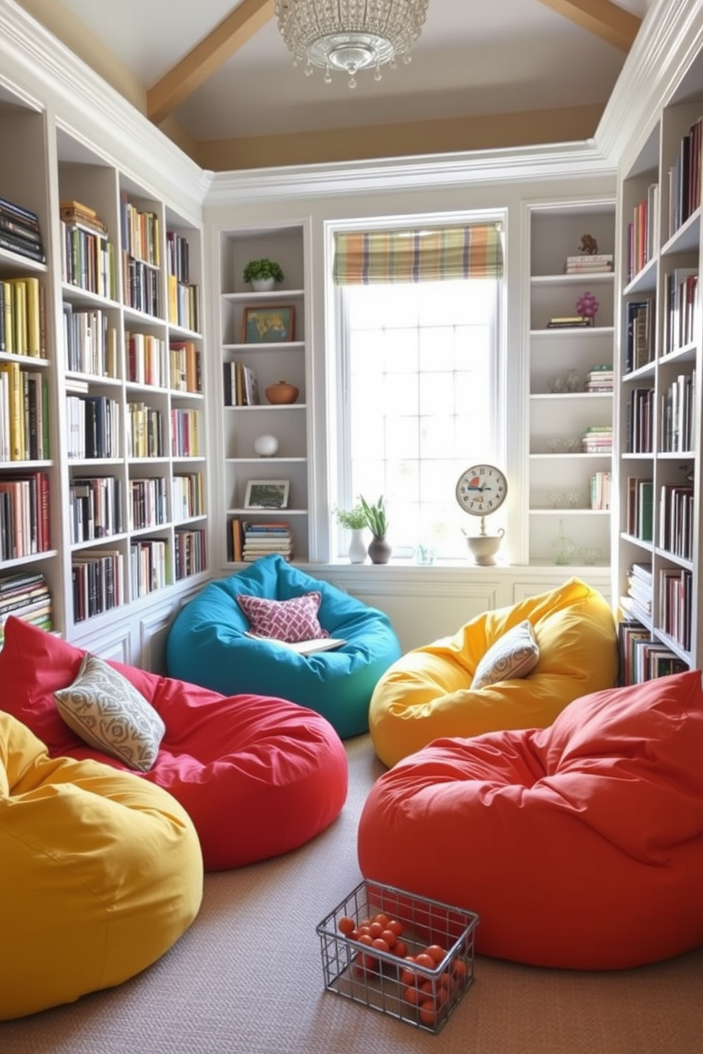 A cozy summer reading nook featuring oversized bean bags in vibrant colors. The nook is bathed in natural light from a large window, surrounded by bookshelves filled with an eclectic mix of books and decorative items.