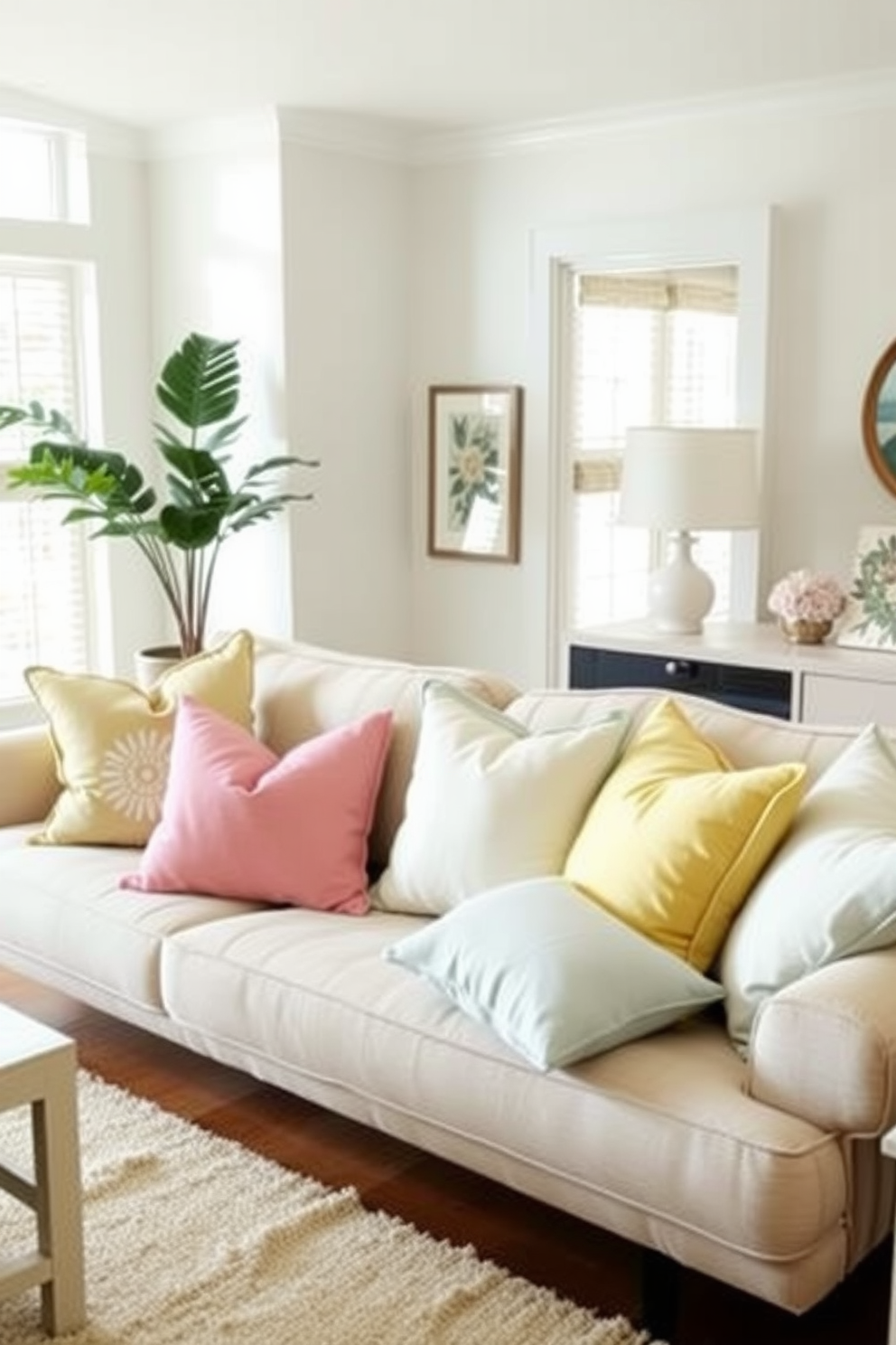 Brighten the space with an array of pastel throw pillows scattered across a cozy sofa. The living room features light-colored walls and a soft area rug that complements the summery vibe.