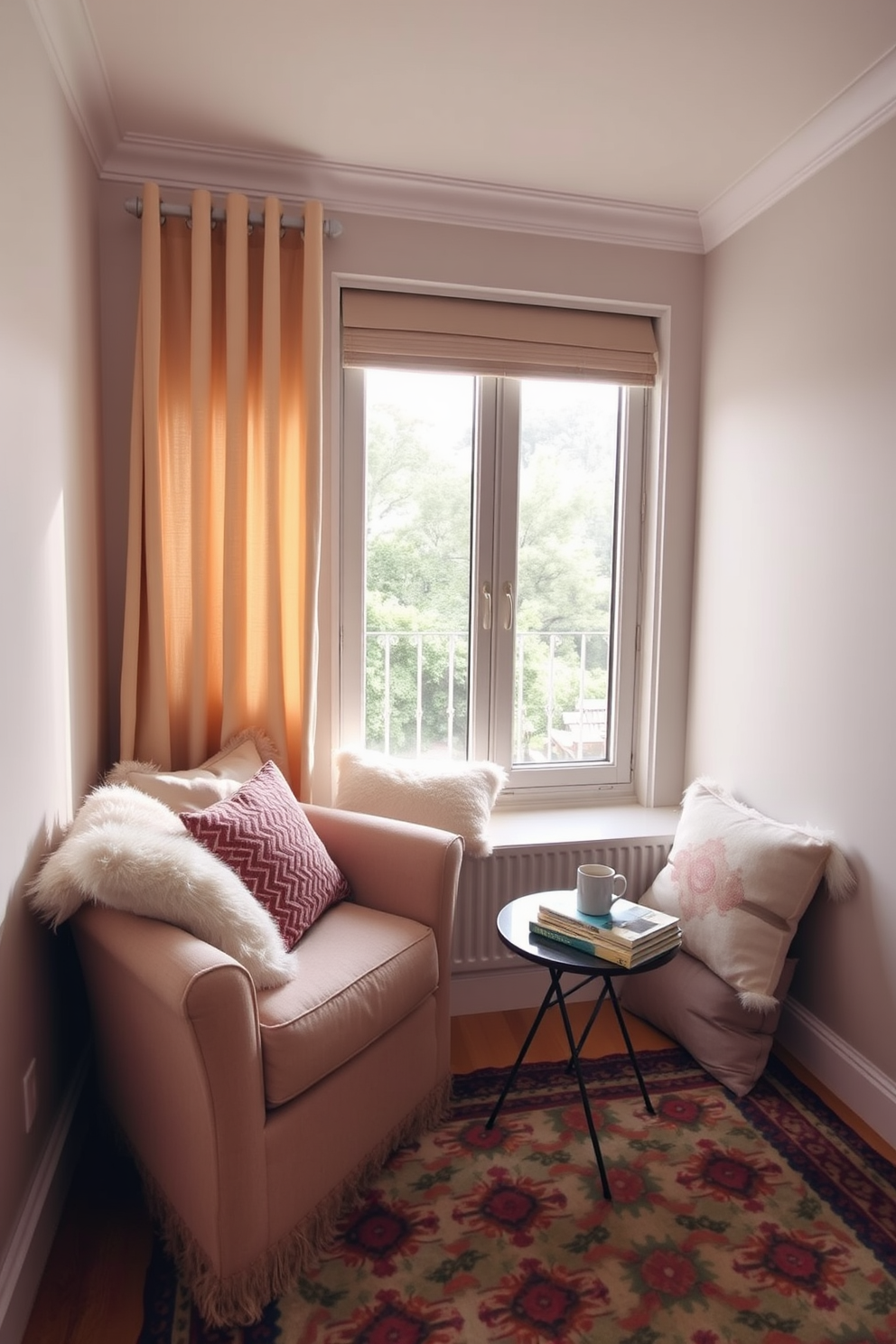 Create a cozy reading nook filled with plush cushions in a small living room. The space features a comfortable armchair positioned next to a large window with soft natural light streaming in. A small side table holds a stack of books and a steaming cup of tea. The walls are painted in a soft pastel color, and a vibrant area rug adds warmth to the floor.