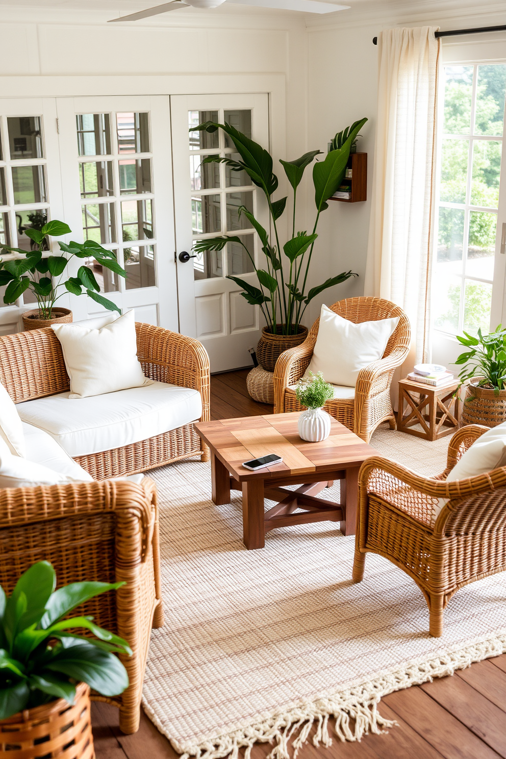 A cozy summer living room featuring wicker furniture that exudes a relaxed and casual vibe. The space is adorned with light-colored cushions and a large, airy rug that complements the natural textures of the wicker. In one corner, a small coffee table made of reclaimed wood sits atop the rug, surrounded by a couple of wicker chairs. Fresh plants are placed strategically around the room, adding a vibrant touch of greenery to the light and inviting atmosphere.