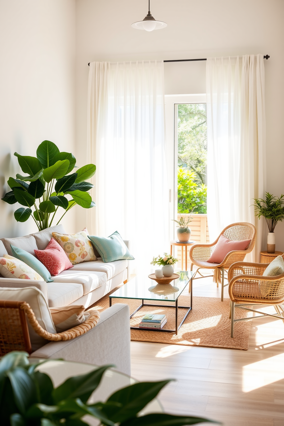 A cozy summer living room filled with natural light. The space features a comfortable light gray sofa adorned with colorful throw pillows and a large potted fiddle leaf fig plant in the corner. A glass coffee table sits on a jute rug, surrounded by two woven chairs. The walls are painted a soft white, and sheer curtains flutter gently in the breeze, enhancing the airy atmosphere.