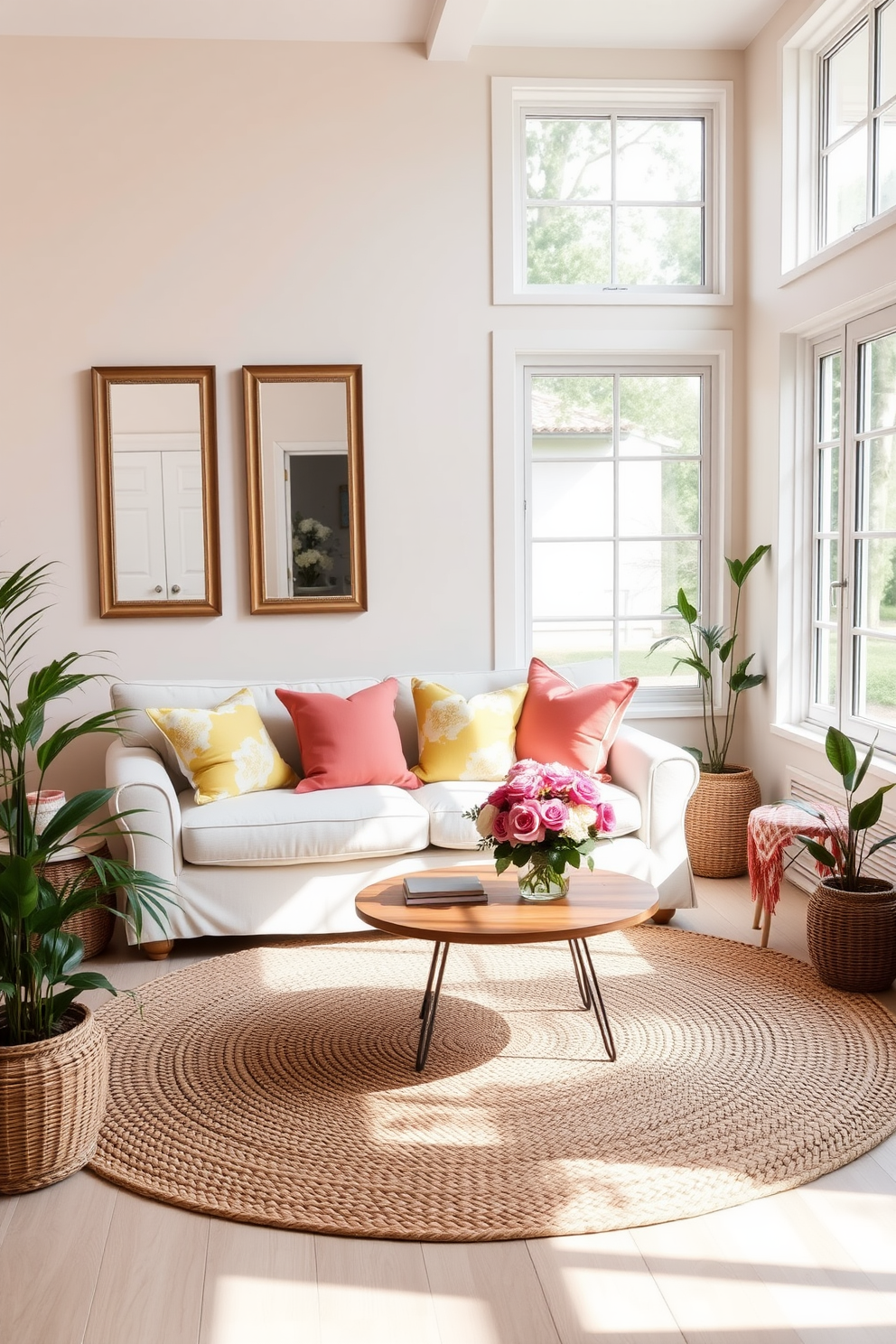 A bright and airy summer small living room features a cozy seating arrangement with a light-colored sofa adorned with vibrant cushions. Large windows allow natural light to flood the space, while a pair of mirrors strategically placed on the walls enhance the brightness and create an illusion of depth. A woven area rug in soft tones anchors the seating area, complemented by a wooden coffee table adorned with fresh flowers. Potted plants in the corners add a touch of greenery, bringing the essence of summer indoors.