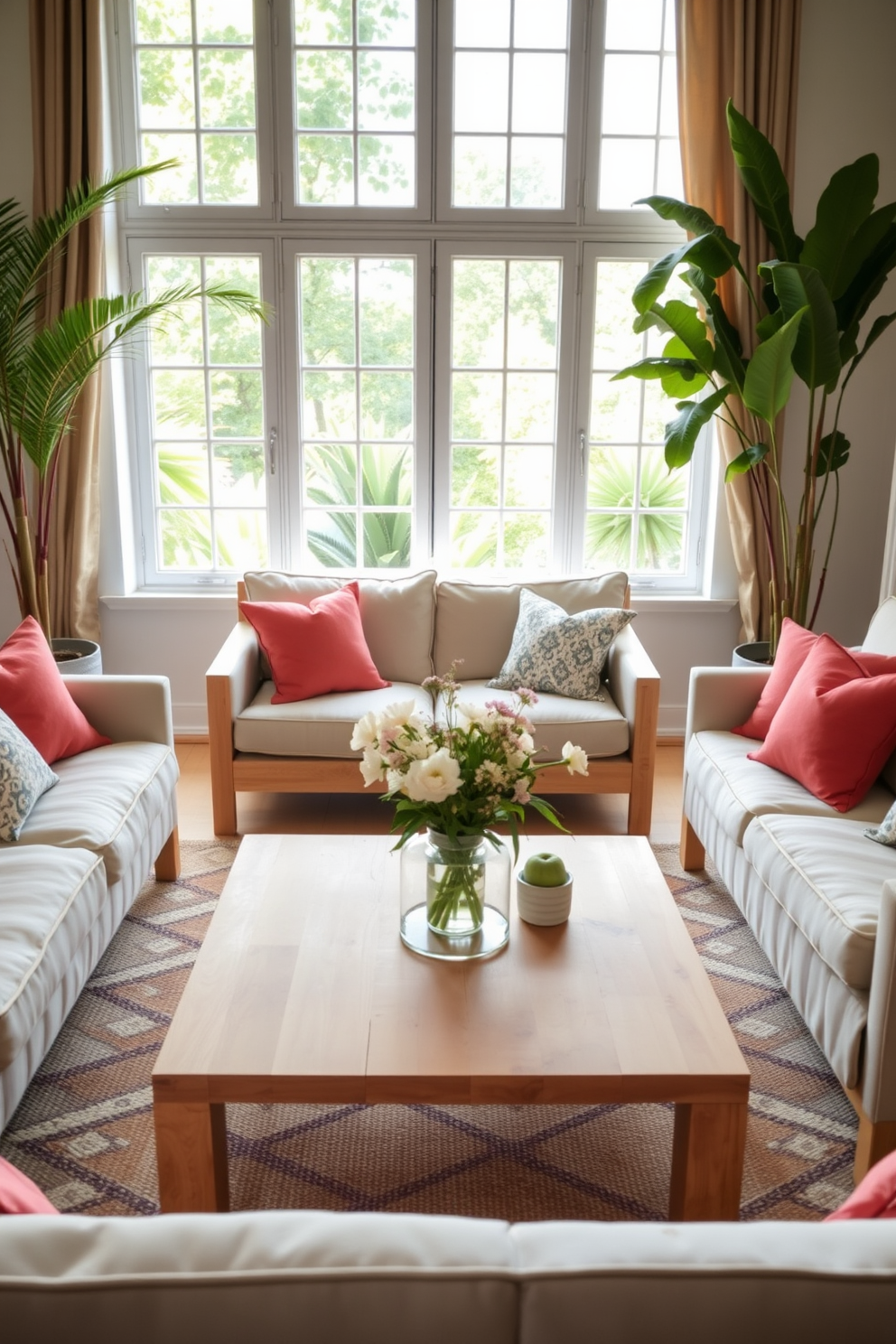 A light coffee table made of natural wood with a minimalist design sits in the center of the room. Surrounding it are soft, neutral-toned sofas adorned with colorful throw pillows, creating a cozy and inviting atmosphere. To enhance the summer vibe, large windows allow plenty of natural light to flood the space. Potted plants in the corners add a touch of greenery, complementing the airy and fresh decor.