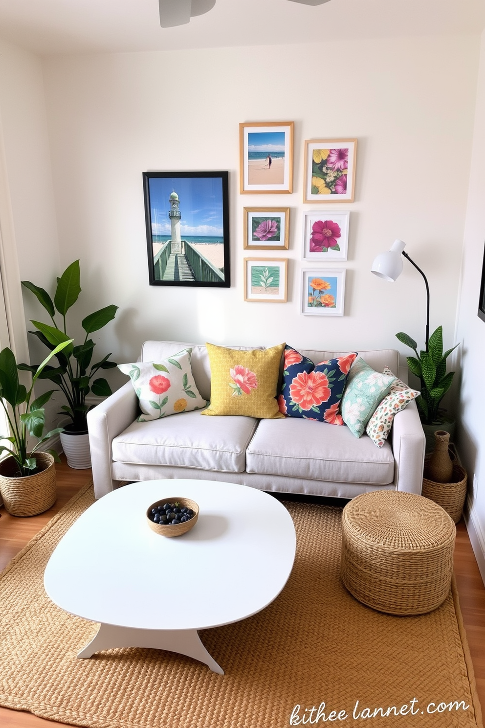 A cozy small living room adorned with summer-themed decor. The walls are painted in a soft pastel hue, and a gallery wall features framed art of beach scenes and vibrant floral prints. A plush light-colored sofa is positioned in front of a sleek coffee table, surrounded by colorful throw pillows. A woven rug adds texture to the space, while potted plants in the corners bring a touch of nature indoors.