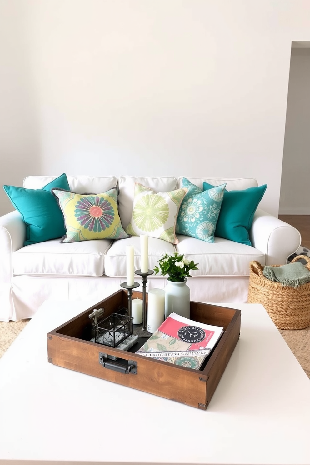 A cozy summer small living room features a light-colored sofa adorned with vibrant throw pillows. A decorative tray sits on the coffee table, holding a collection of candles and a small potted plant for a fresh touch. The walls are painted in a soft pastel hue, creating a bright and airy atmosphere. A woven basket beside the sofa adds texture and serves as a stylish storage solution for magazines and blankets.