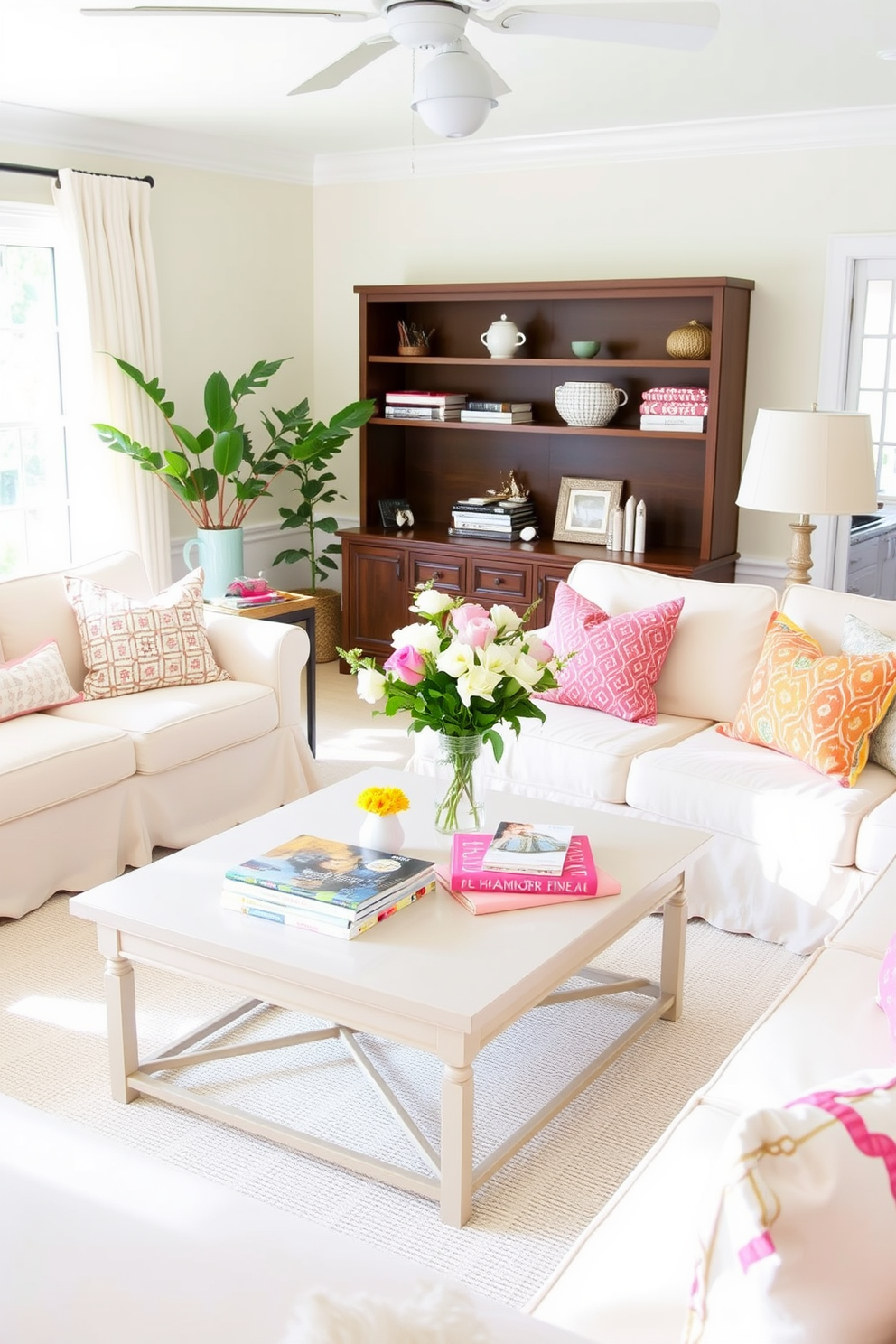 A cozy summer living room with light and airy slipcovers on the furniture for easy cleaning. The space features a pastel color palette with soft textures and natural light streaming through sheer curtains. A stylish coffee table adorned with fresh flowers and colorful magazines sits at the center of the room. Decorative cushions in vibrant patterns add a playful touch to the seating area.