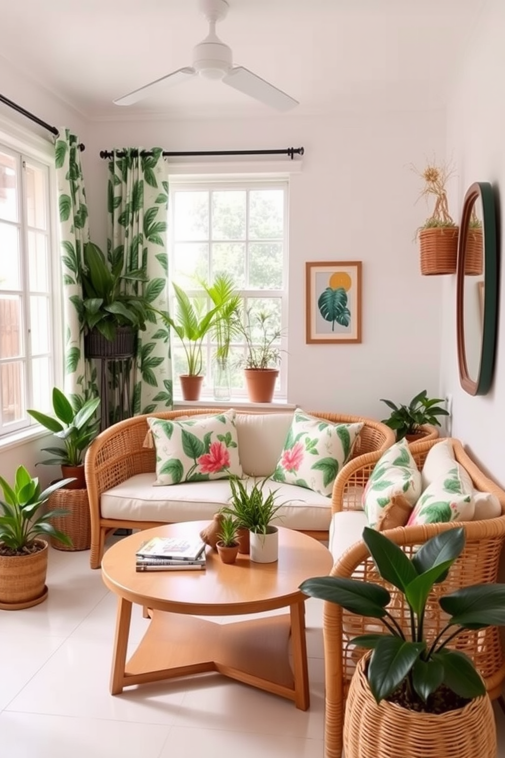 A bright and airy small living room adorned with tropical prints. The walls are painted in a soft white, while vibrant green and floral patterns decorate the throw pillows and curtains. A cozy seating area features a light rattan sofa paired with a wooden coffee table. Potted plants are strategically placed around the room, adding a touch of nature and warmth to the space.