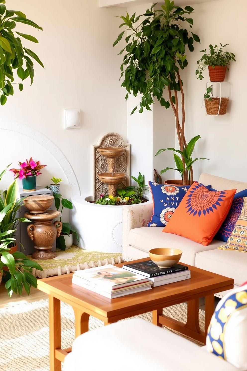 A cozy summer living room with bright, airy vibes. There's a small indoor fountain in the corner, surrounded by lush greenery and colorful potted plants. The seating area features a light-colored sofa adorned with vibrant cushions. A wooden coffee table sits in front, topped with a stack of art books and a small decorative bowl.