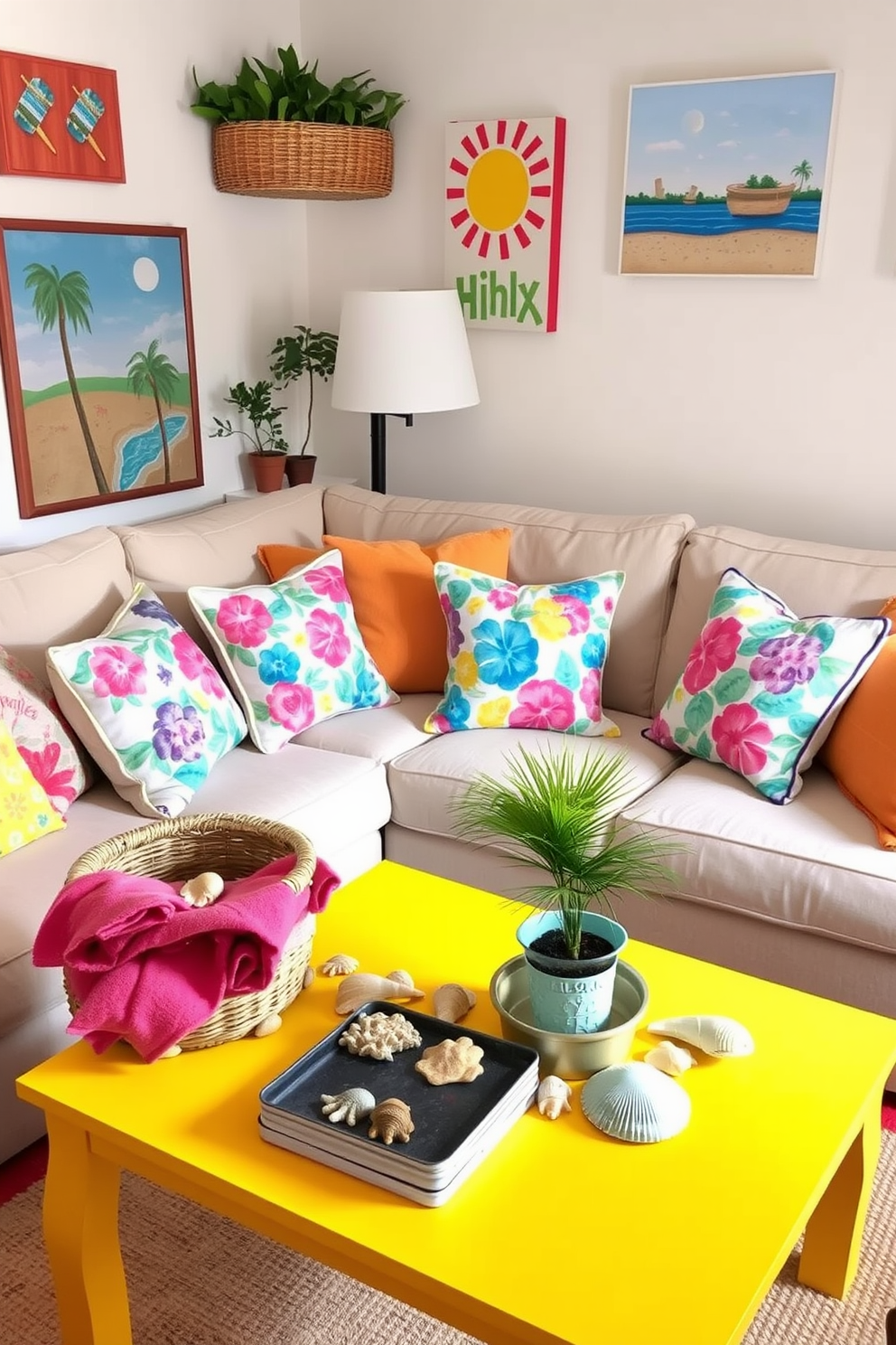 A cozy small living room filled with whimsical summer-themed decor. Brightly colored throw pillows with floral patterns adorn a light beige sofa, while a woven basket holds vibrant beach towels in one corner. A cheerful yellow coffee table is topped with a collection of seashells and a small potted palm tree. The walls are adorned with playful artwork featuring sunny landscapes and tropical motifs, enhancing the room's lively atmosphere.