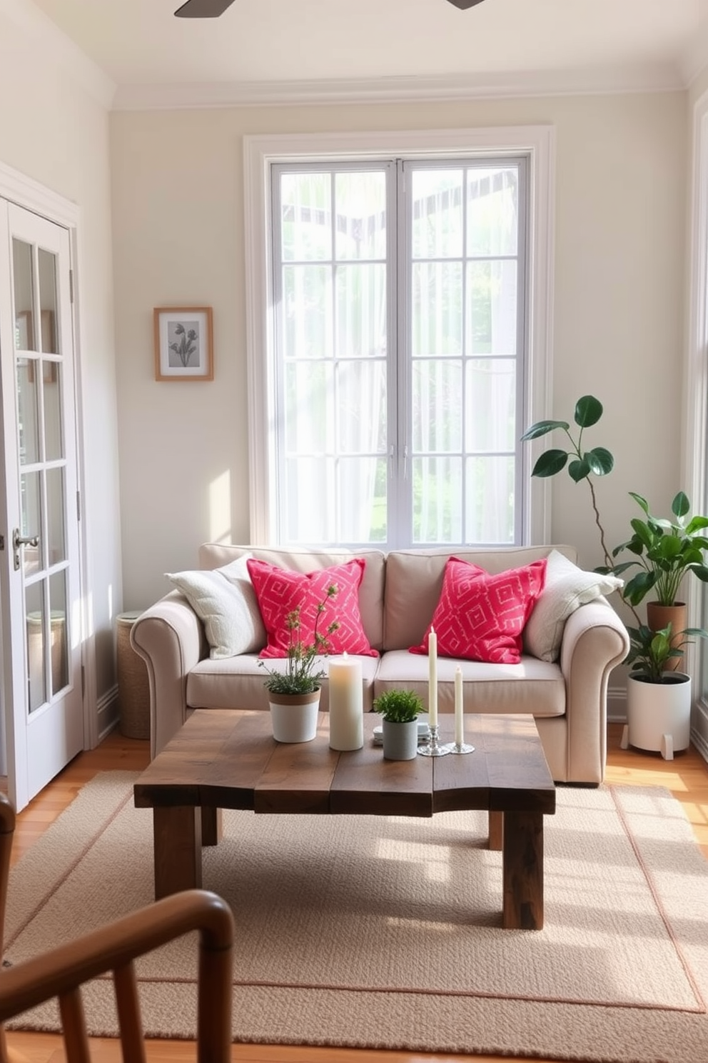 A cozy summer small living room filled with natural light. Soft pastel colors adorn the walls, and a comfortable sofa is accented with vibrant throw pillows. A coffee table made of reclaimed wood sits in the center, surrounded by a few potted plants. Candles of various heights are placed on the table to create a warm ambiance during the evenings.