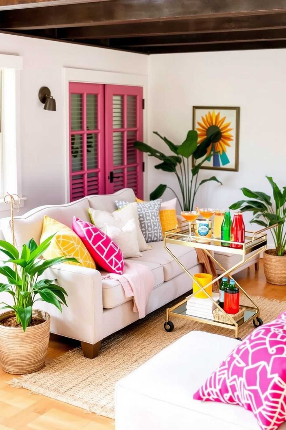 A cozy summer small living room features a light-colored sectional sofa adorned with vibrant throw pillows. In one corner, a stylish small bar cart is elegantly stocked with colorful glassware and a selection of refreshing beverages. The walls are painted in a soft pastel hue, enhancing the airy feel of the space. A woven area rug anchors the seating area, while potted plants add a touch of greenery and life to the room.