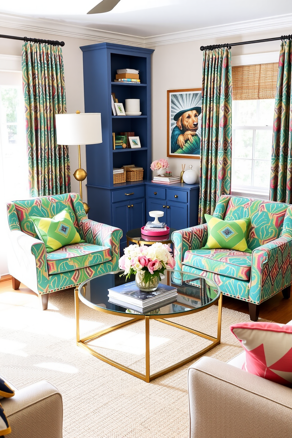 A vibrant summer small living room features accent chairs adorned with bold geometric patterns in bright colors. The space is filled with natural light, showcasing a cozy arrangement of a stylish coffee table and colorful throw pillows.