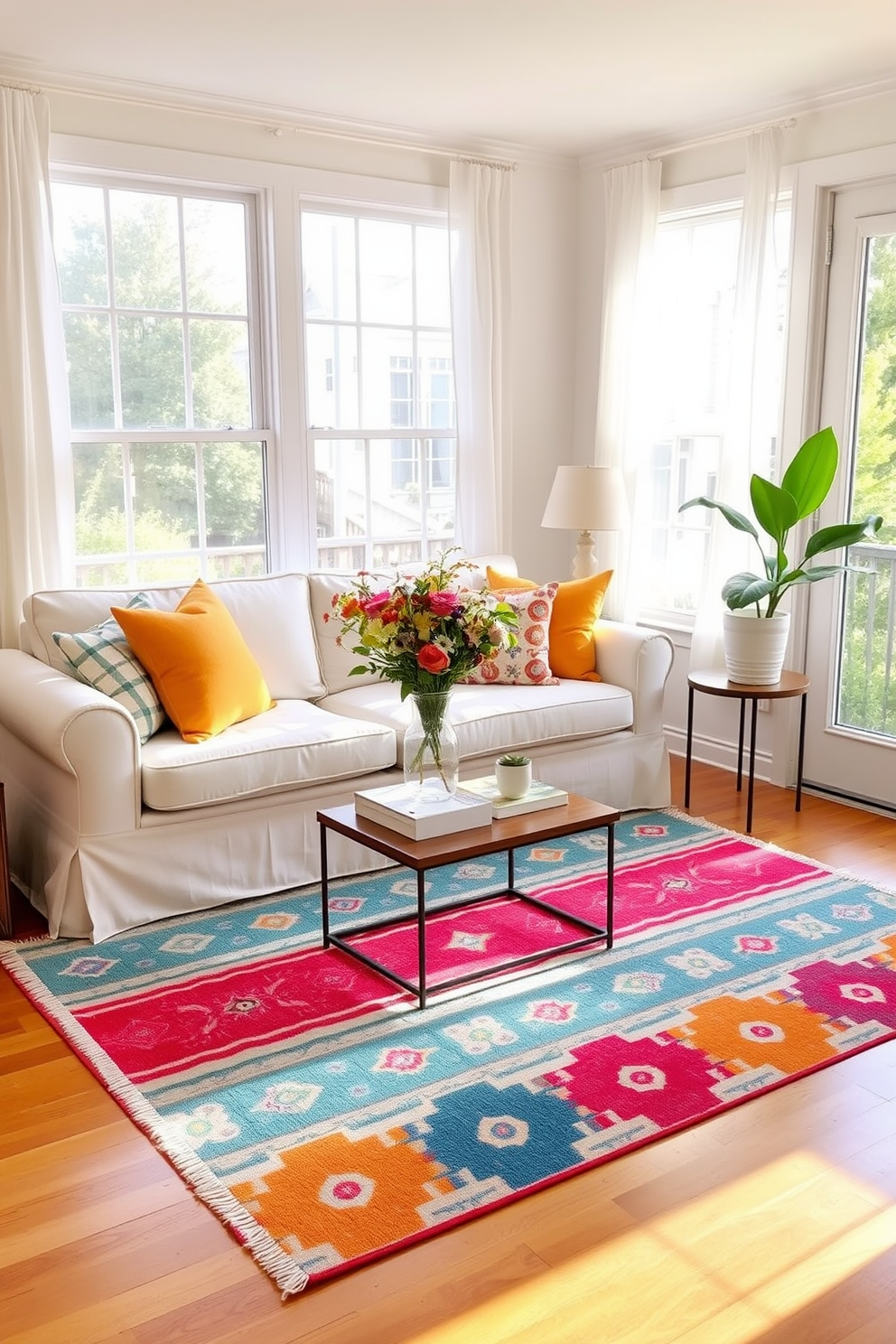 A bright and airy summer small living room features a cozy seating arrangement with a light-colored sofa adorned with vibrant throw pillows. A colorful area rug anchors the space, adding interest and warmth to the hardwood floor. Natural light floods the room through large windows dressed with sheer curtains, enhancing the cheerful atmosphere. A small coffee table sits in front of the sofa, topped with a few decorative books and a fresh vase of seasonal flowers.