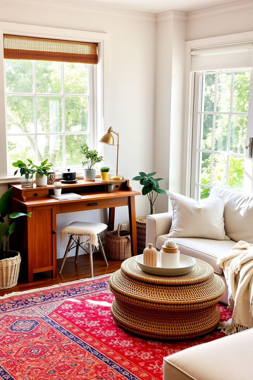 A cozy summer living room features a small wooden desk positioned near a large window, allowing for natural light to illuminate the space. The desk is adorned with a few potted plants and a stylish lamp, creating a functional yet inviting workspace. The seating area includes a comfortable sofa with light-colored cushions and a woven coffee table, enhancing the relaxed atmosphere. Soft throw blankets and a vibrant area rug add warmth and texture, making the room perfect for summer relaxation.