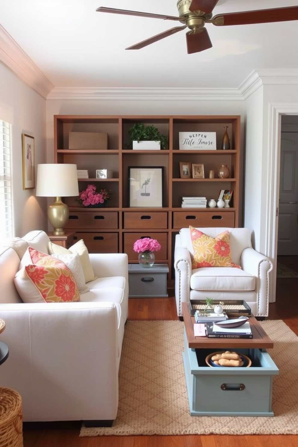 A stylish small living room featuring decorative boxes that blend seamlessly with the decor while providing hidden storage solutions. The space is adorned with light-colored furniture, a cozy area rug, and vibrant throw pillows that enhance the summer theme.