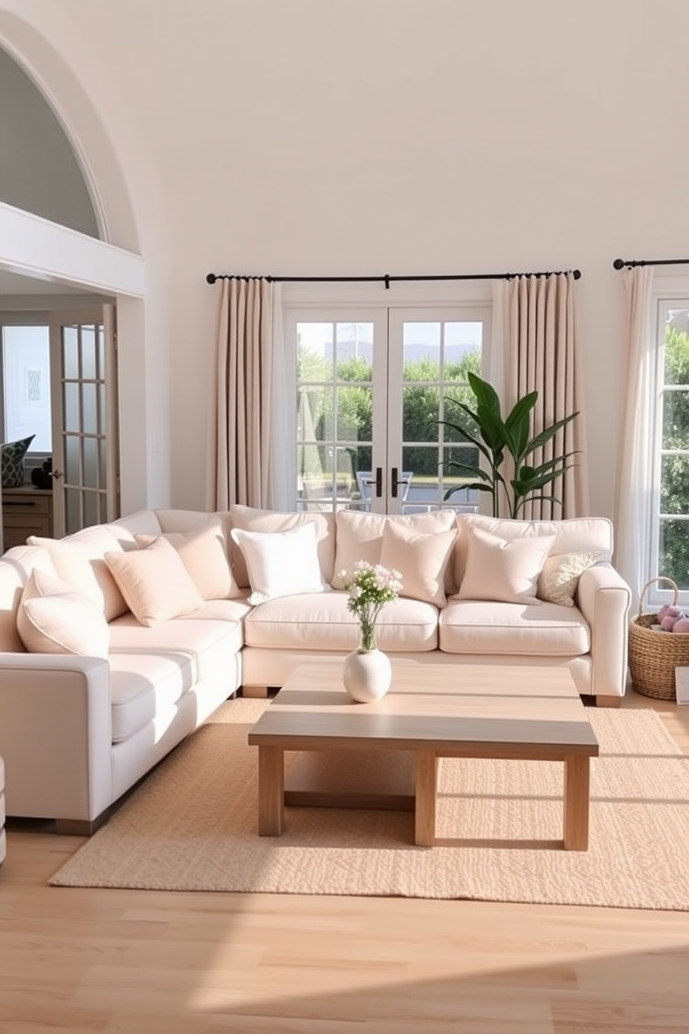 A light and airy summer living room featuring a spacious light-colored sectional sofa that invites relaxation. The room is adorned with soft pastel cushions and a light wooden coffee table, creating a cozy yet stylish atmosphere.