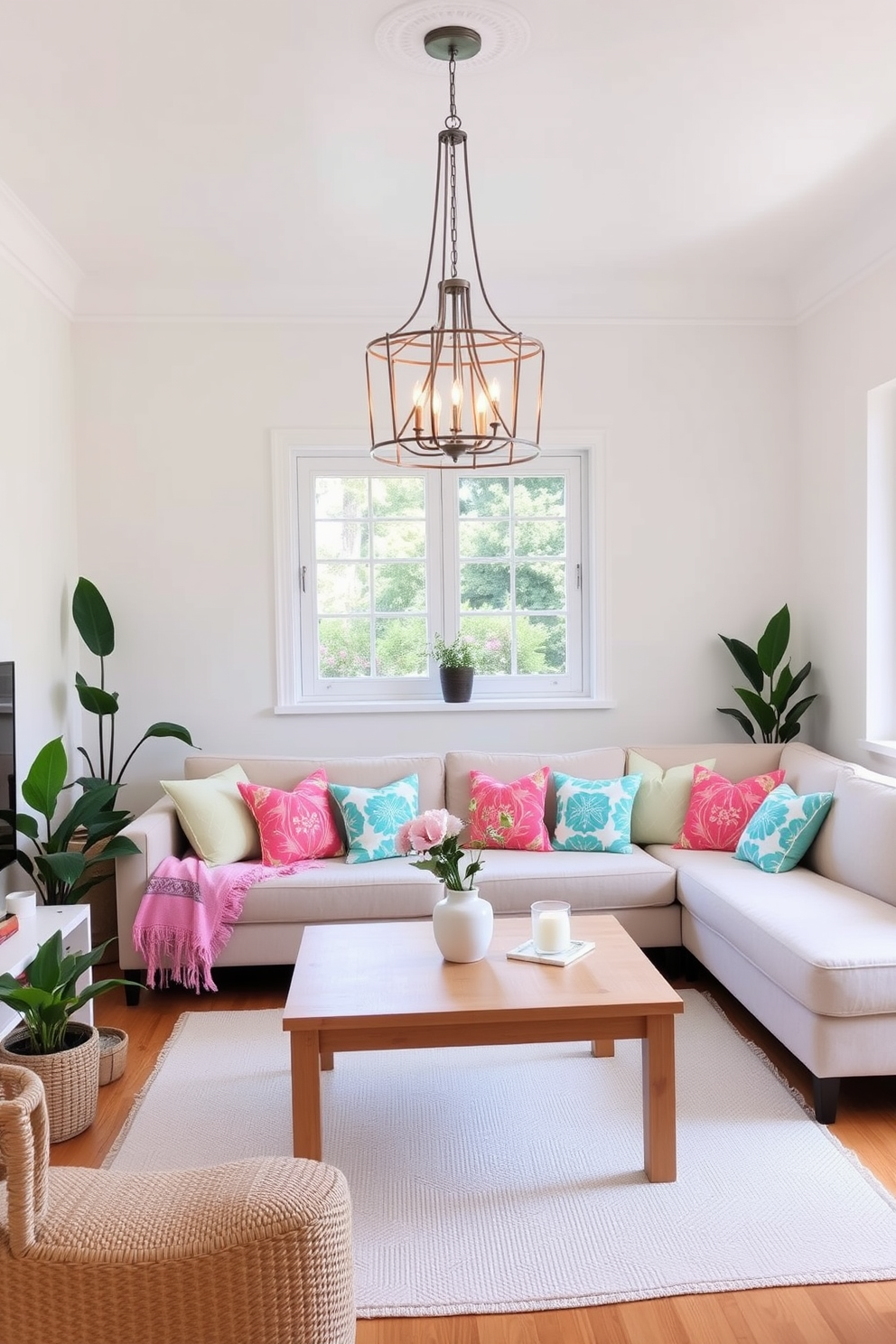 A bright and airy summer small living room features a cozy arrangement of a light-colored sectional sofa adorned with vibrant throw pillows. A statement light fixture hangs elegantly from the ceiling, casting a warm glow over the space. The walls are painted in a soft pastel hue, complemented by a light wood coffee table at the center. Potted plants and a few decorative accents add a touch of freshness, creating an inviting atmosphere perfect for relaxation.