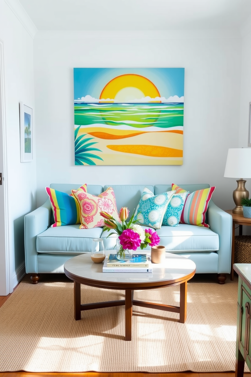 A bright and airy small living room filled with summer vibes. The walls are painted in a soft white, and a light blue sofa is adorned with colorful throw pillows. A large piece of vibrant artwork depicting a sunny beach scene hangs above the sofa. A round coffee table in the center is topped with fresh flowers and a few stylish books.