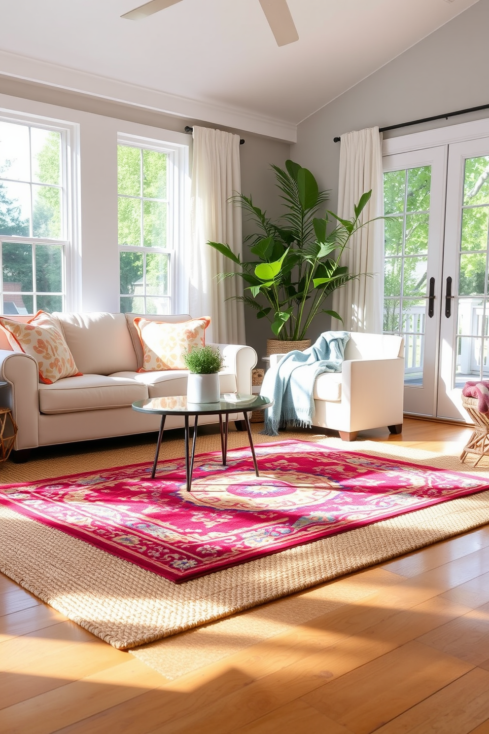 A cozy summer living room features a layered rug setup that adds depth and warmth to the space. The base rug is a large natural fiber piece, while a smaller, colorful patterned rug is placed on top, creating a vibrant focal point. The seating arrangement includes a plush sofa adorned with bright throw pillows and a lightweight summer blanket draped over the arm. Large windows let in plenty of natural light, complemented by light, airy curtains that flutter gently in the breeze.