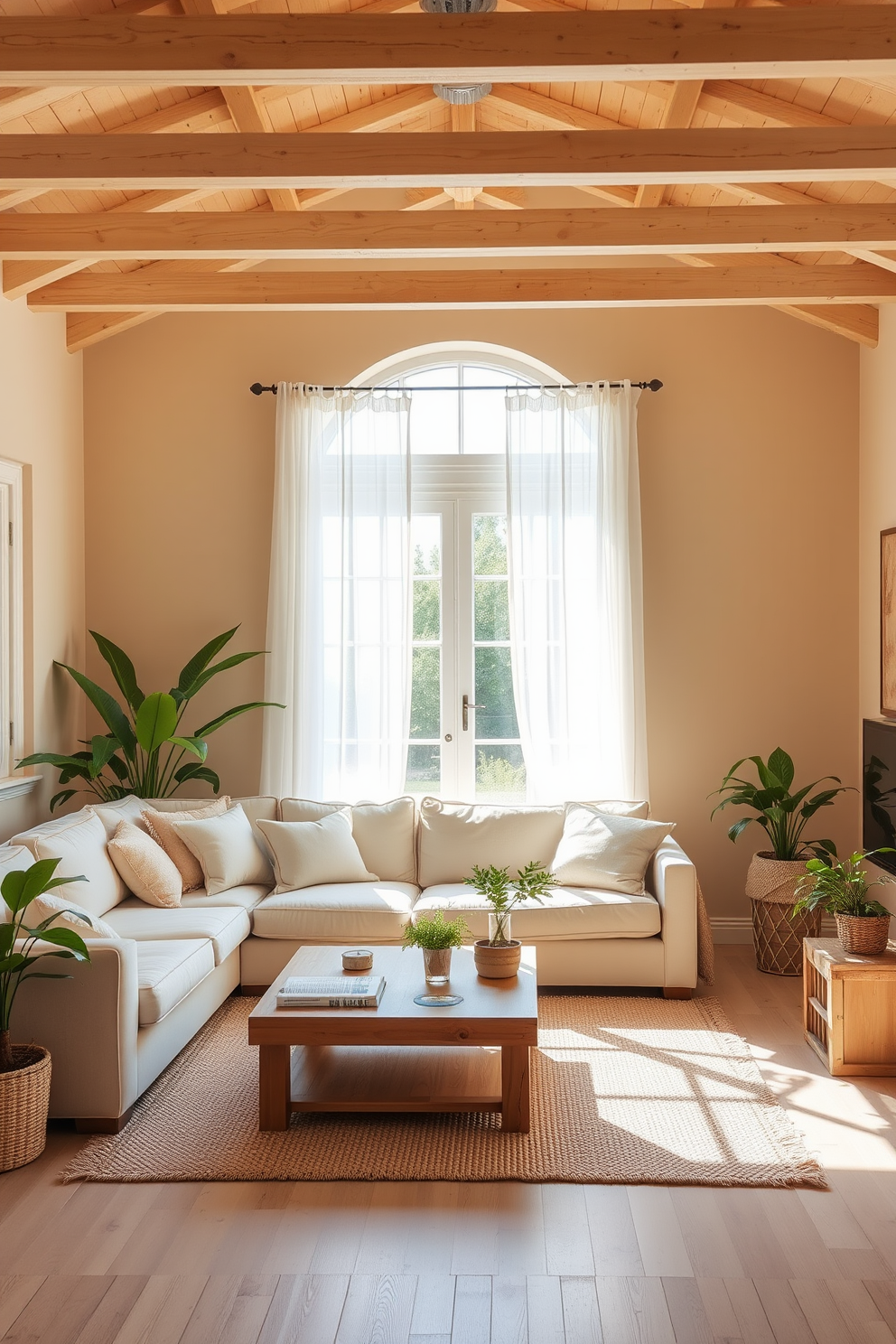 A cozy summer living room filled with natural light. There are light wooden beams on the ceiling and a large window with sheer white curtains that flutter gently in the breeze. A comfortable sectional sofa upholstered in soft pastel colors complements the natural wood coffee table. Potted plants are placed in the corners, adding a touch of greenery and freshness to the space. The walls are painted in a warm beige tone, creating a welcoming atmosphere. A woven rug with subtle patterns lies under the coffee table, enhancing the room's natural aesthetic.