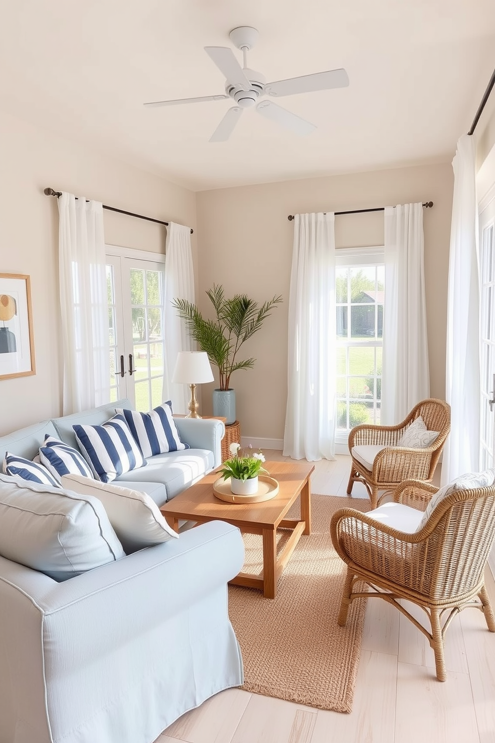 A cozy summer small living room features soft beige walls that evoke a sense of calm. The furniture includes a light blue sofa adorned with white and navy striped cushions, complemented by a natural wood coffee table. In one corner, a wicker armchair invites relaxation, while a jute rug adds texture to the space. Large windows allow natural light to flood in, showcasing sheer white curtains that sway gently in the breeze.