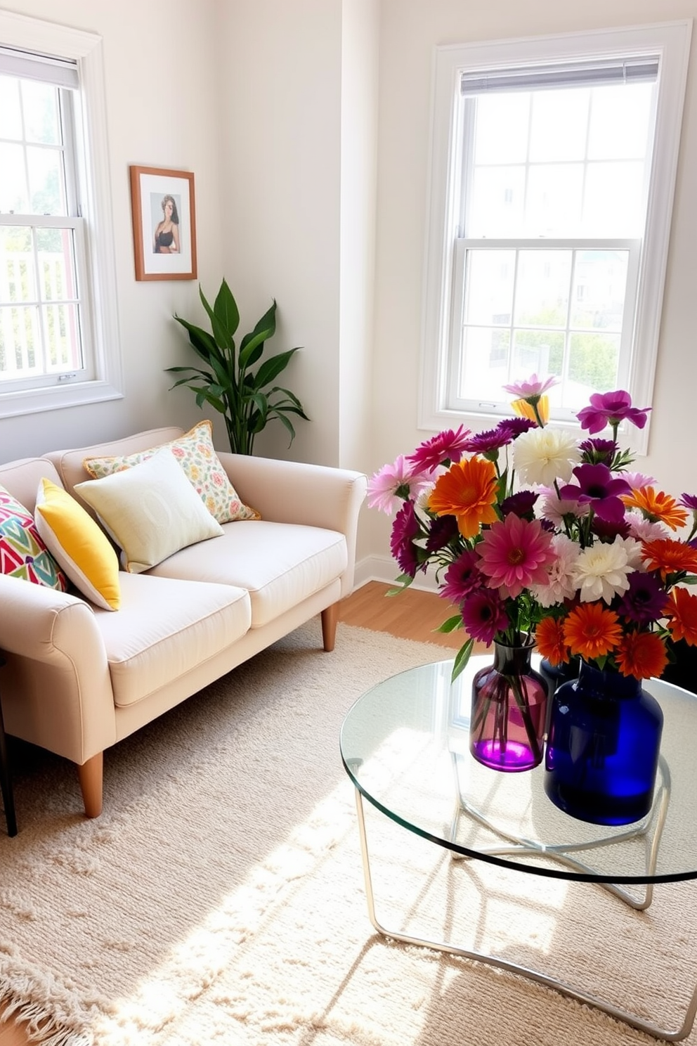 A bright and airy small living room filled with natural light. The space features a cozy sofa adorned with colorful throw pillows and a soft area rug underfoot. In one corner, a stylish coffee table holds a collection of fresh flowers in vibrant vases. The walls are painted in a light pastel hue, complementing the cheerful decor throughout the room.