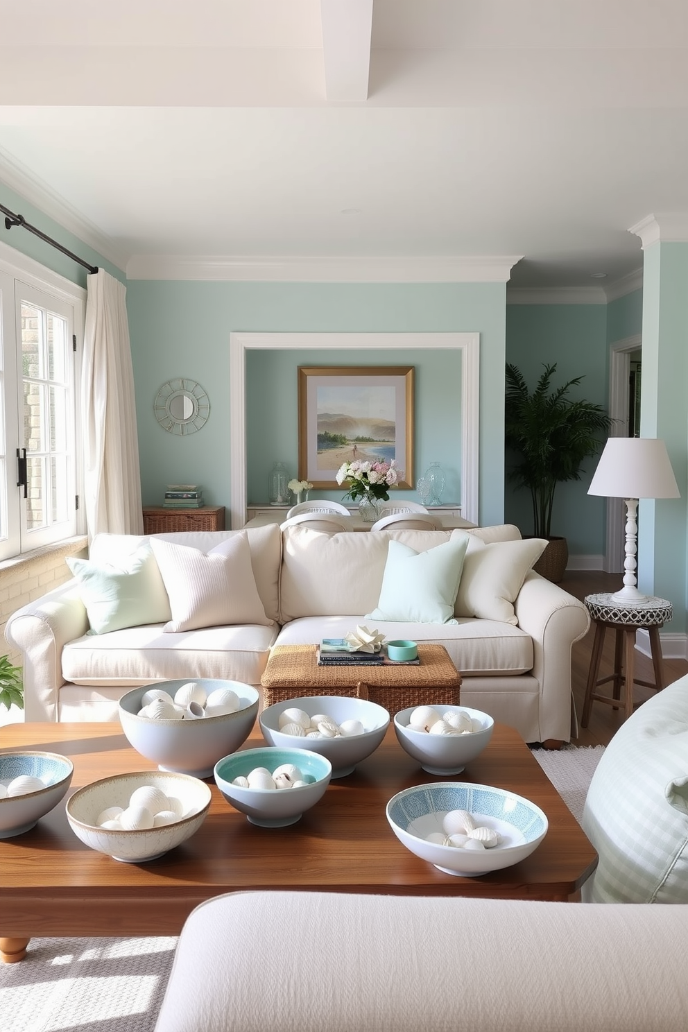 A cozy summer living room filled with natural light. A collection of decorative bowls showcasing various seashells is arranged on a wooden coffee table. Soft pastel-colored cushions are scattered across a light beige sofa. The walls are painted in a soft aqua hue, enhancing the beachy vibe of the space.