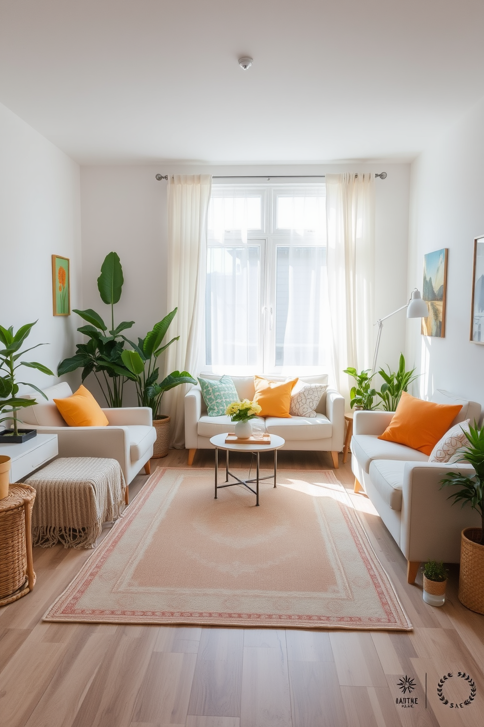 A lightweight area rug is placed in the center of a cozy living room. The rug features a subtle pattern that complements the light-colored furniture and adds warmth to the space. In a small summer-themed room, bright cushions and airy curtains enhance the light and breezy atmosphere. Potted plants are strategically arranged around the room to bring in a touch of nature and freshness.