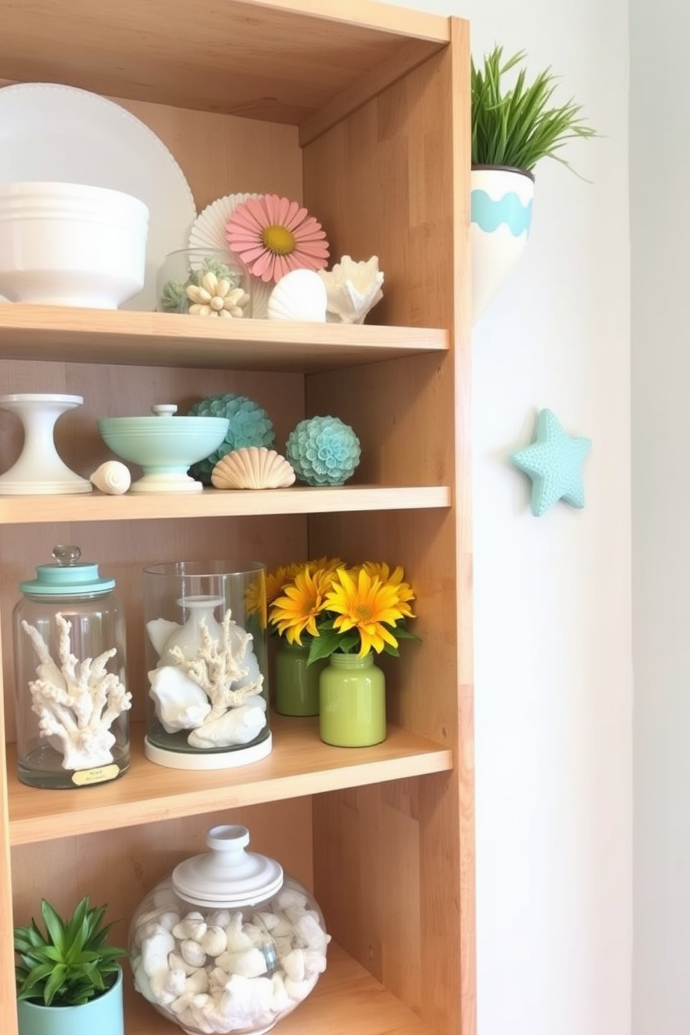 Display summer-themed decor on shelves. Incorporate vibrant colors and natural elements such as seashells, coral, and tropical plants for a fresh look. Utilize lightweight materials and airy designs to maximize space. Arrange decorative items in groups of three or five for a balanced and inviting display.