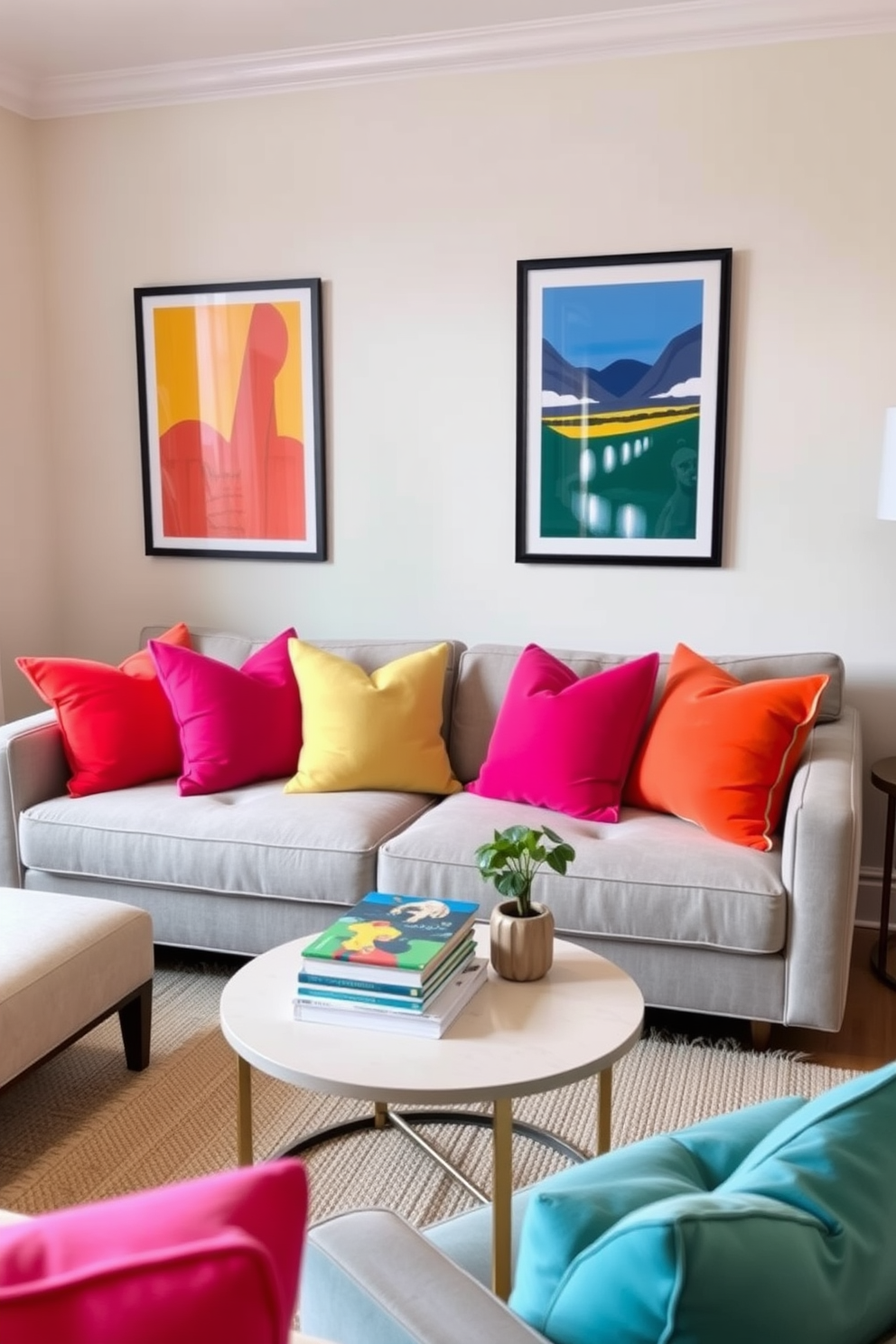 A cozy living room with a neutral color palette. Bright throw pillows in vibrant hues are scattered across a soft gray sofa, adding a cheerful touch to the space. A small coffee table is adorned with a colorful stack of books and a small potted plant. The walls are decorated with framed artwork that features bold colors, enhancing the overall ambiance.