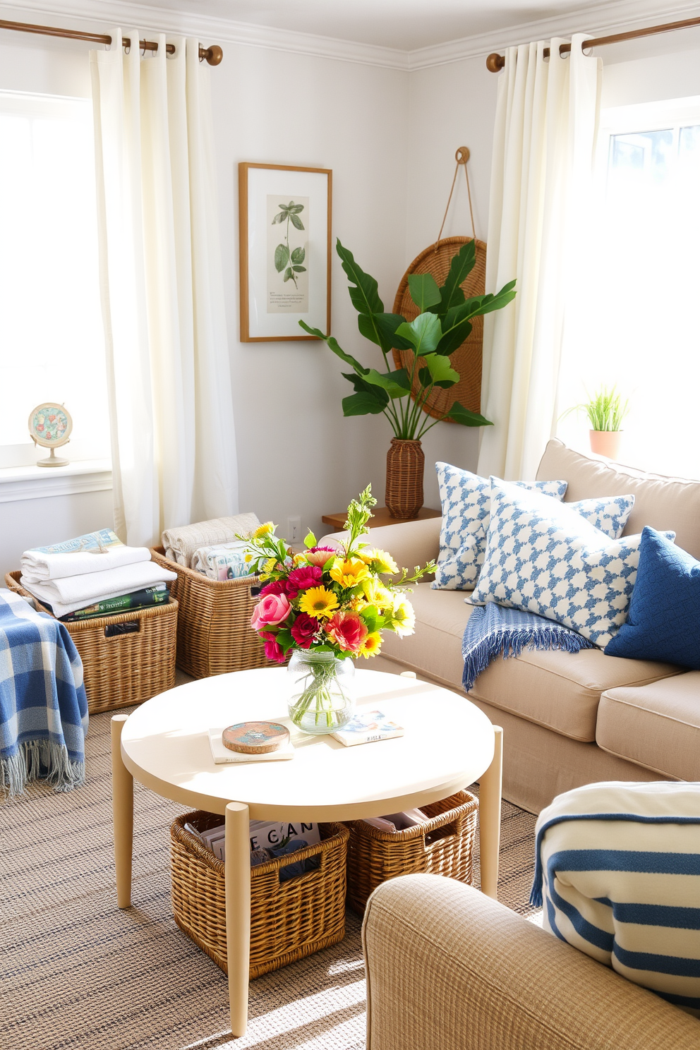 A cozy summer living room featuring decorative baskets for storage solutions. The space is brightened by natural light streaming through sheer curtains, creating an inviting atmosphere. In one corner, a set of woven baskets neatly organizes throws and magazines, adding a touch of texture. A small coffee table sits in the center, adorned with a vibrant floral arrangement and a couple of stylish coasters.