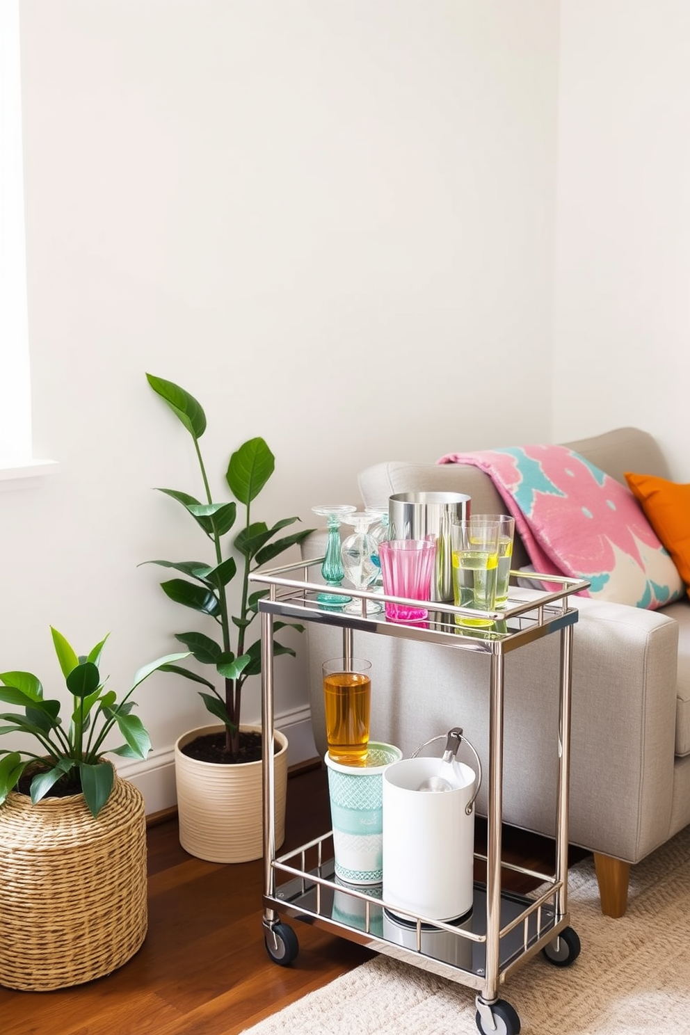 A stylish small space living room featuring a compact bar cart with a sleek design. The bar cart is adorned with a selection of colorful glassware and a small ice bucket, positioned next to a cozy seating area with a vibrant throw blanket. The walls are painted in a light pastel hue, enhancing the airy feel of the space. A potted plant sits in the corner, adding a touch of greenery and life to the summer decor.