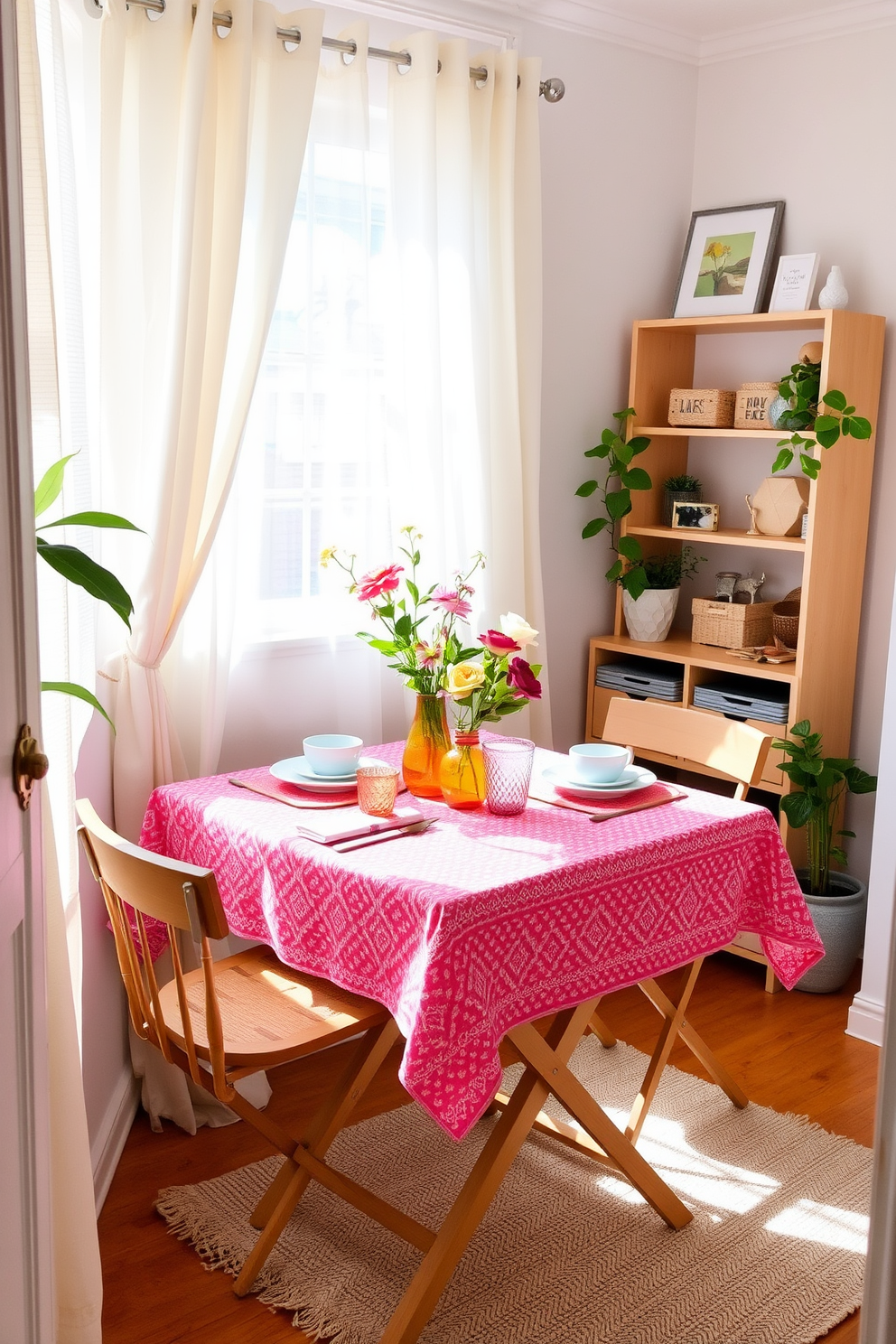 A cozy summer-themed small space decorated with a folding table that serves as a multifunctional area for dining and working. The table is adorned with a vibrant tablecloth, fresh flowers in a colorful vase, and stylish tableware, creating an inviting atmosphere. The surrounding decor features light, airy curtains that let in natural light, and a small rug that adds warmth to the space. Potted plants in the corners enhance the freshness of the room, while minimalist shelving displays curated decorative items.