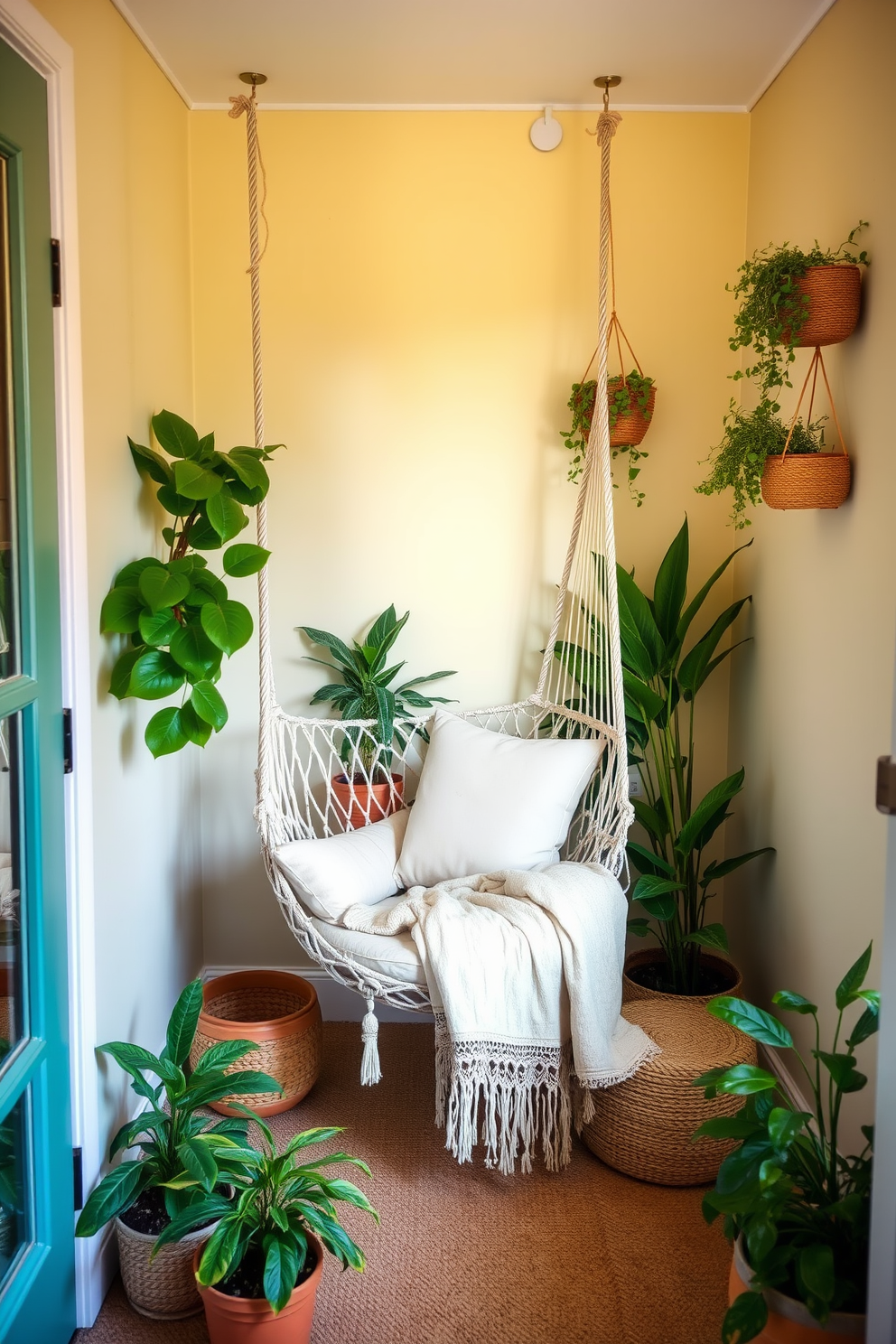 A cozy summer small space decorated with light and airy colors. In the corner, a hammock chair is suspended from the ceiling, inviting relaxation and comfort. Surrounding the hammock chair, potted plants add a touch of greenery and life to the space. Soft cushions and a lightweight throw blanket are draped over the chair, enhancing the inviting atmosphere.