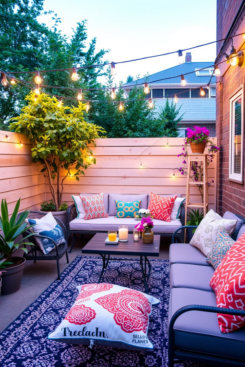 Create a cozy outdoor space that utilizes string lights to enhance the ambiance. Incorporate summer small space decorating ideas such as vibrant cushions and a compact table for entertaining.