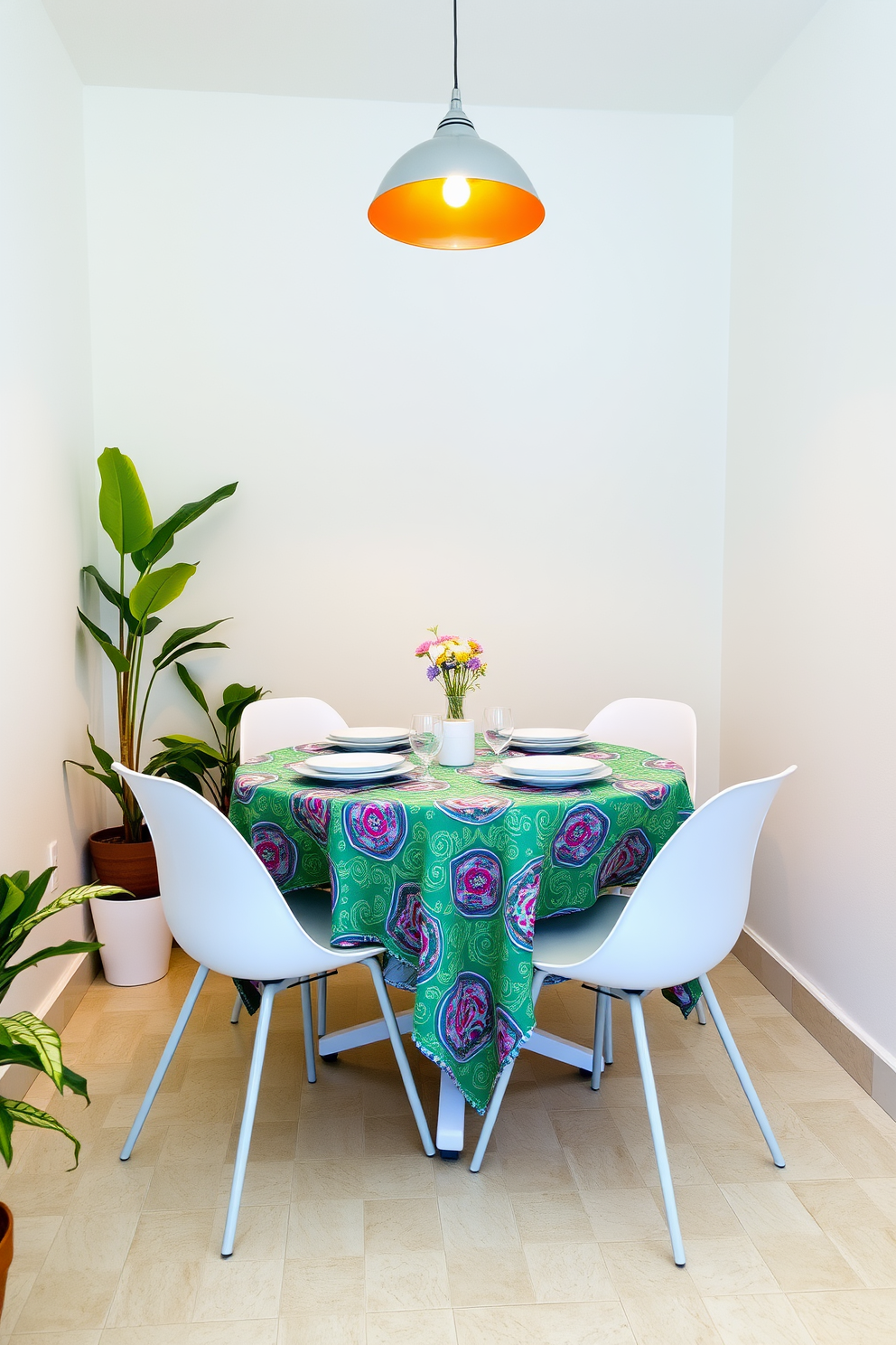 A vibrant tablecloth drapes over a round dining table, adding a splash of color to the small space. Surrounding the table are four modern chairs with sleek lines, creating an inviting atmosphere for summer gatherings. On the walls, light pastel shades enhance the brightness of the room, while potted plants in the corners bring a touch of nature indoors. The dining area is illuminated by a stylish pendant light, casting a warm glow over the table setting.