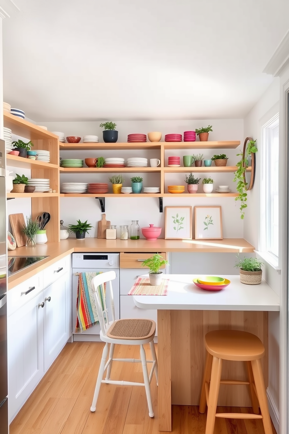 A bright and airy kitchen features open shelving made of light wood, displaying an assortment of colorful dishware and potted herbs. The walls are painted in a soft white hue, and a small dining table with two chairs is positioned near a window, allowing natural light to flood the space. The decor includes vibrant accents like a woven table runner and a few framed botanical prints, creating a cheerful and inviting atmosphere. A compact island with bar stools provides additional workspace and seating, making the most of the limited area.