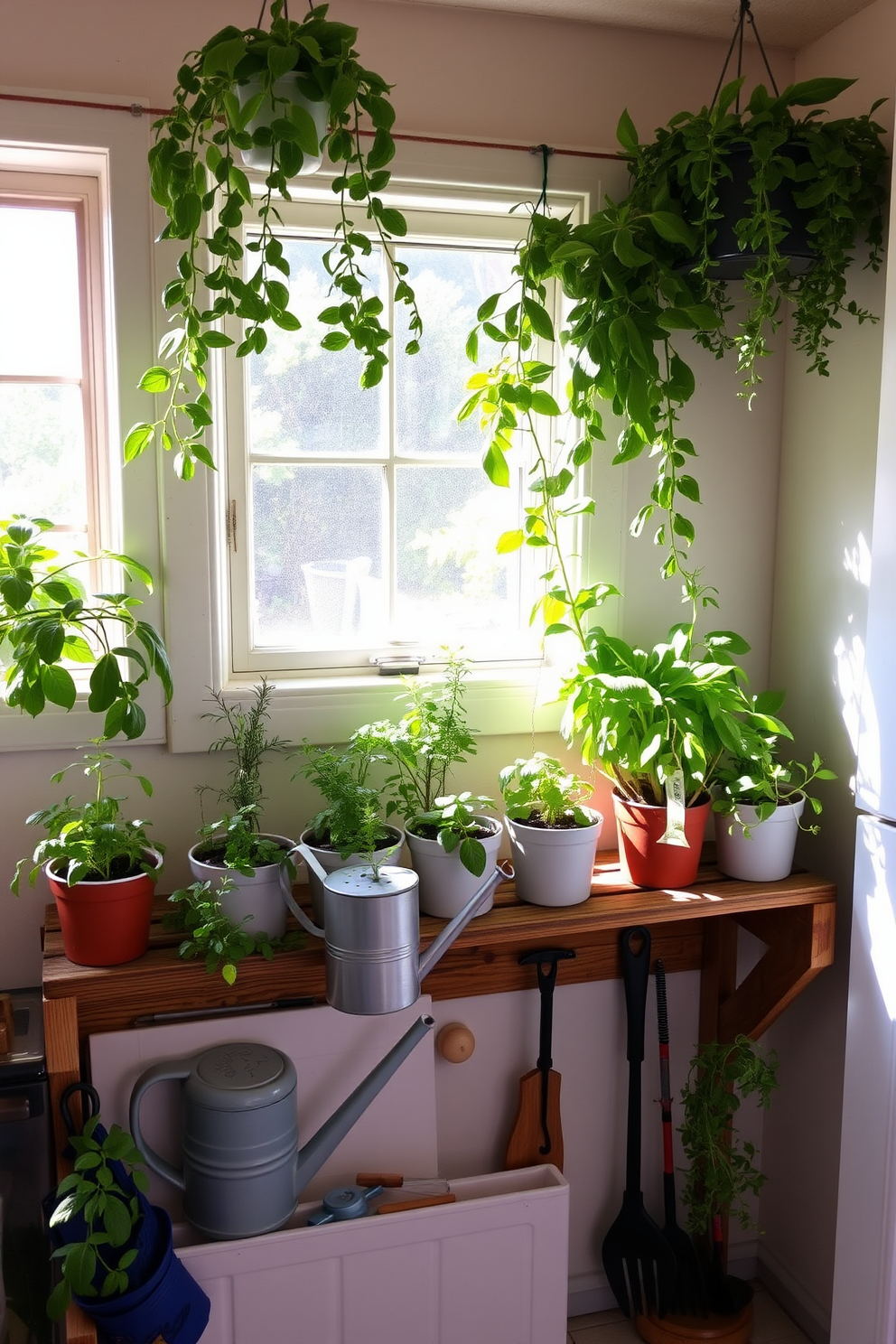 A charming indoor herb garden nestled in a sunny corner of the kitchen. The space features a variety of potted herbs like basil, mint, and rosemary on a rustic wooden shelf. Natural light streams in through a nearby window, enhancing the vibrant green of the plants. A small watering can and gardening tools are neatly arranged on the shelf for easy access.