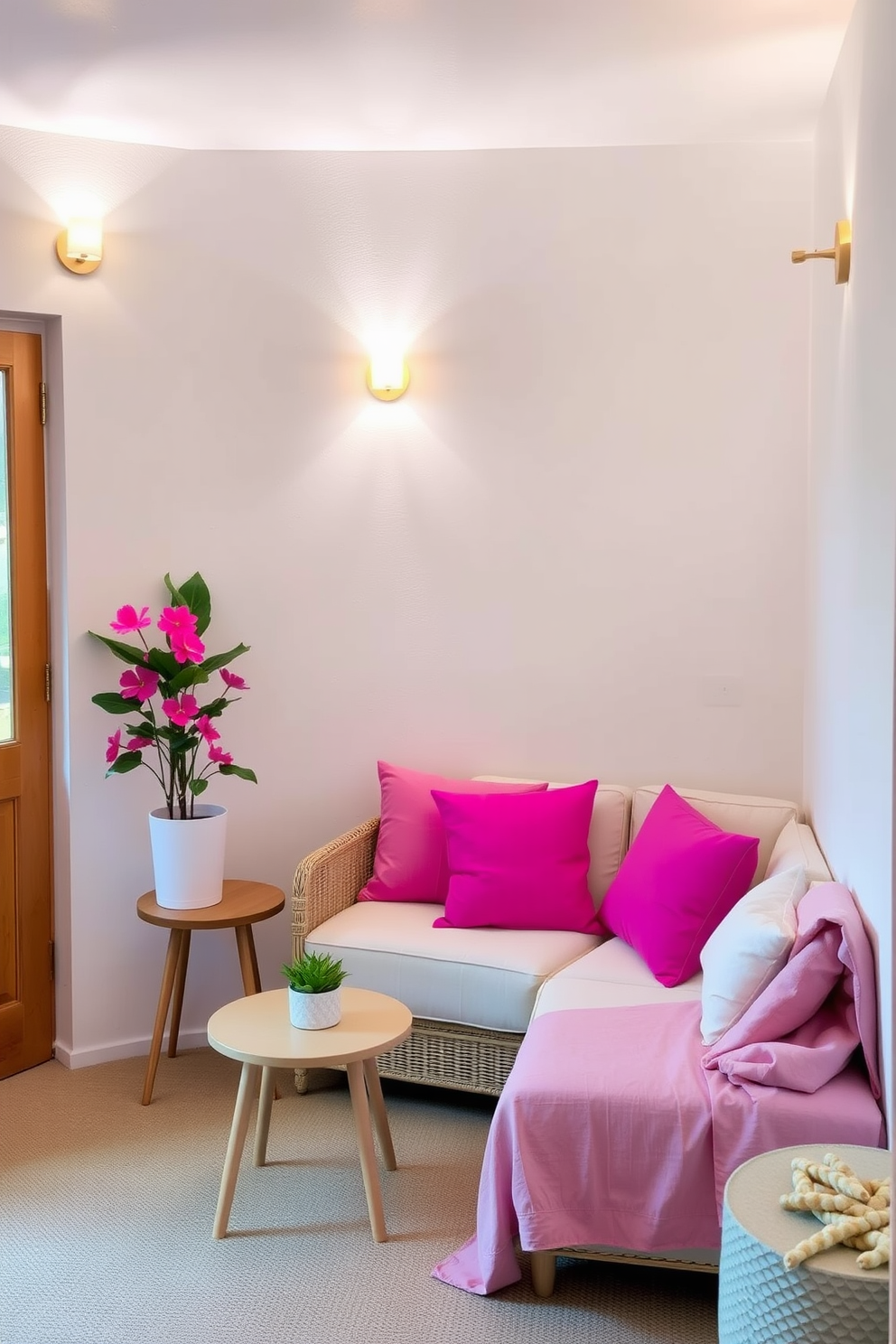 A cozy living area designed for summer with wall-mounted lighting fixtures that create a warm ambiance. The walls are painted in a light pastel color, and a compact sofa is adorned with bright, cheerful cushions. In the corner, a small round table holds a vibrant plant, adding a touch of greenery. The decor features lightweight, breathable fabrics that enhance the airy feel of the space.